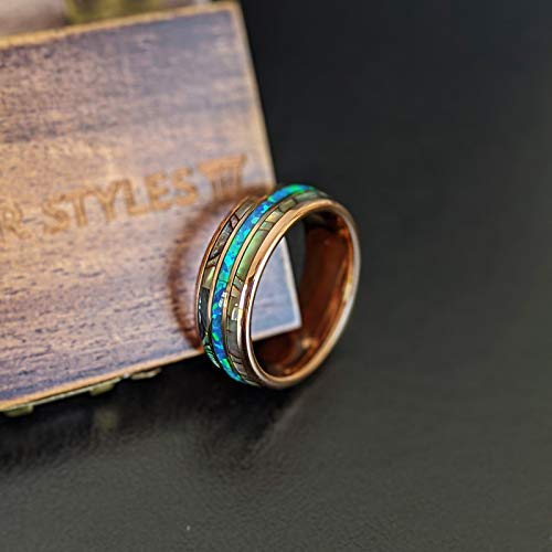 Rose Gold Tungsten Wedding Bands for Men - Abalone Shell & Blue Opal Inlay Ring, Comfort Fit Anniversary Gift for Him - Perfect for Tropical Weddings, Beach Proposals & Romantic Occasions
