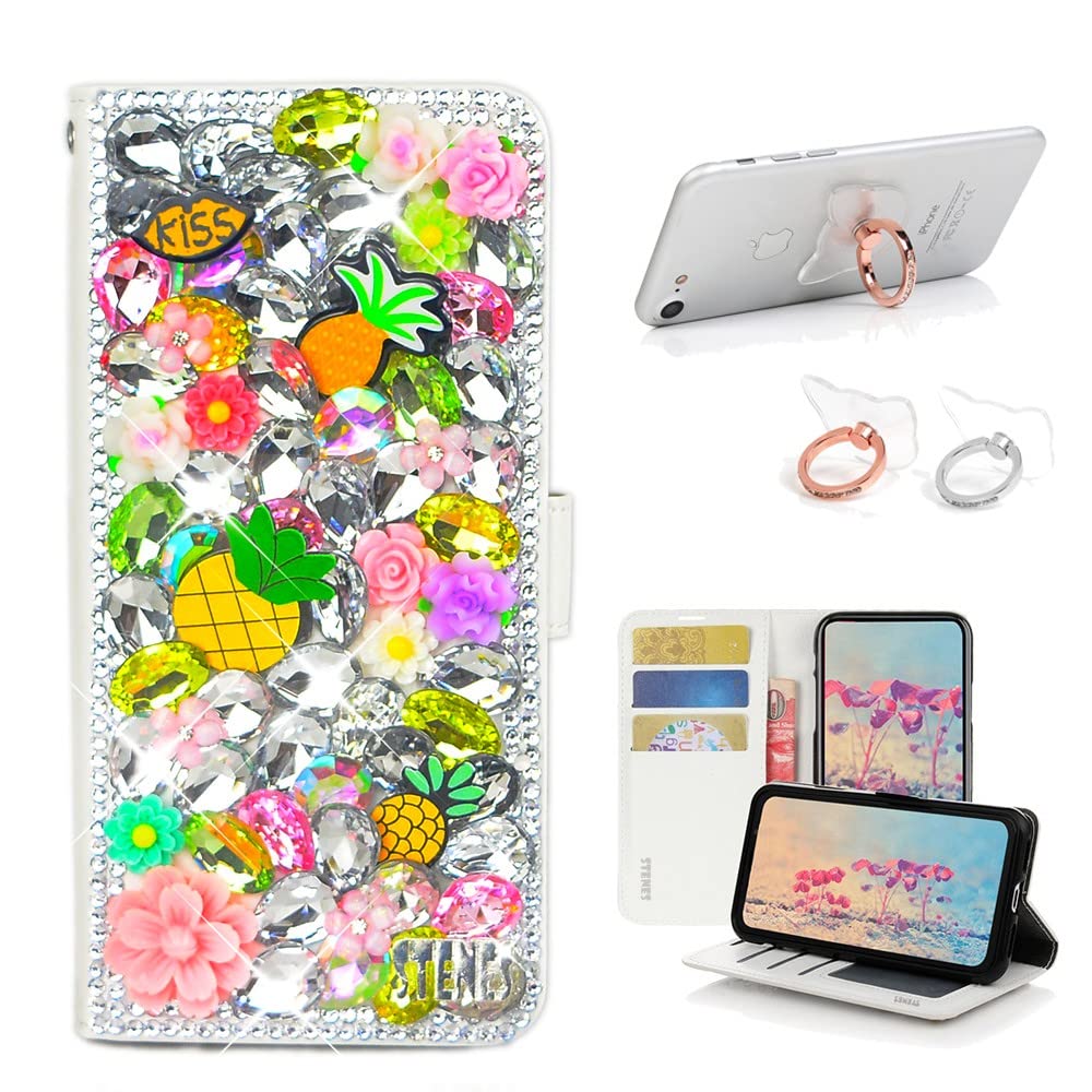 STENES Bling Wallet Case for Samsung Galaxy S9 Plus - 3D Handmade Pineapple Flowers Design Leather Phone Cover with Ring Stand Holder [2 Pack, Yellow] - Perfect for Women's Fashion Accessories & Everyday Use