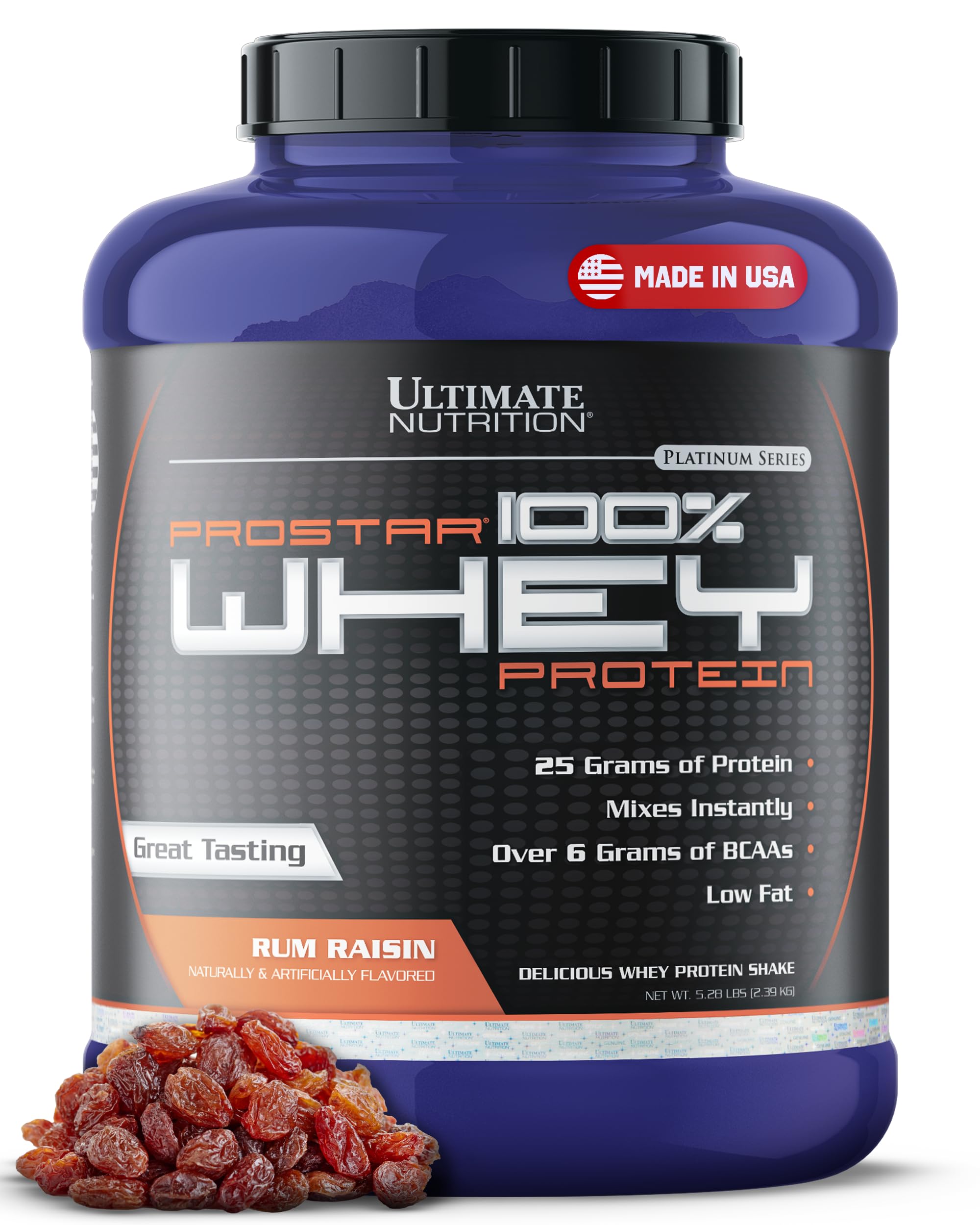 Ultimate Nutrition Prostar Whey Protein Powder Isolate - Gourmet Rum Raisin Flavor - Low Carb, High Protein Shake for Muscle Building & Recovery - Low Sodium, Low Fat, Keto Friendly - 5.28 lbs Tub - Perfect for Post-Workout, Weight Loss & Healthy Lifestyle