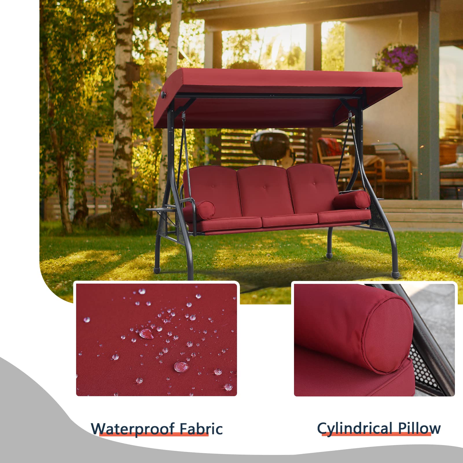 NOBLEMOOD 3-Seat Outdoor Patio Swing with Adjustable Canopy - Waterproof Cushion & Foldable Side Tray - Perfect for Backyard, Garden, Porch Relaxation - Ideal for Spring & Summer Outdoor Lounging