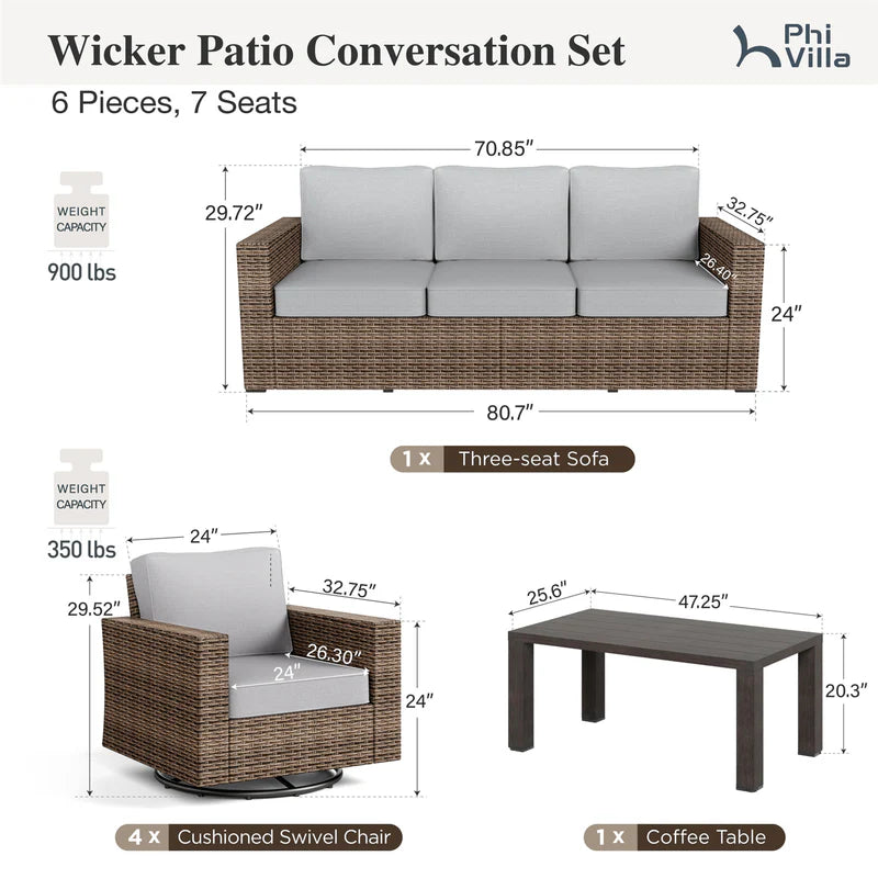 Phi Villa Luxury 5-Piece Wicker Patio Conversation Set with Swivel Chairs - Outdoor Garden Furniture for Backyard, Poolside & Terrace Relaxation