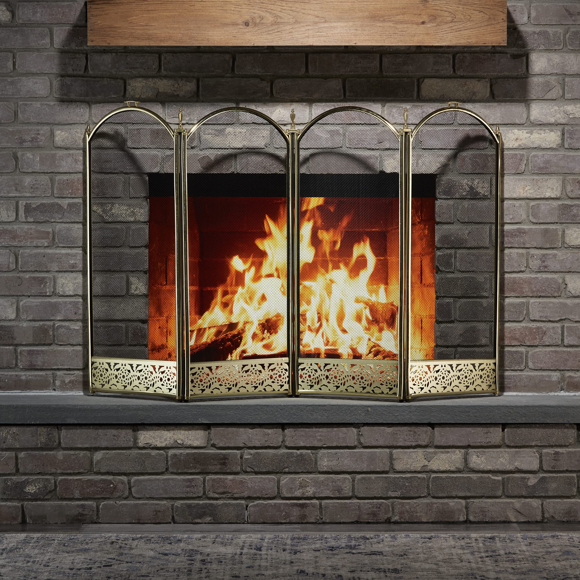 4 Panel Brass Fireplace Screen with Decorative Filigree - Elegant Fireplace Safety Guard for Living Room, Bedroom & Office - Heat Resistant & Stylish Home Decor Accessory