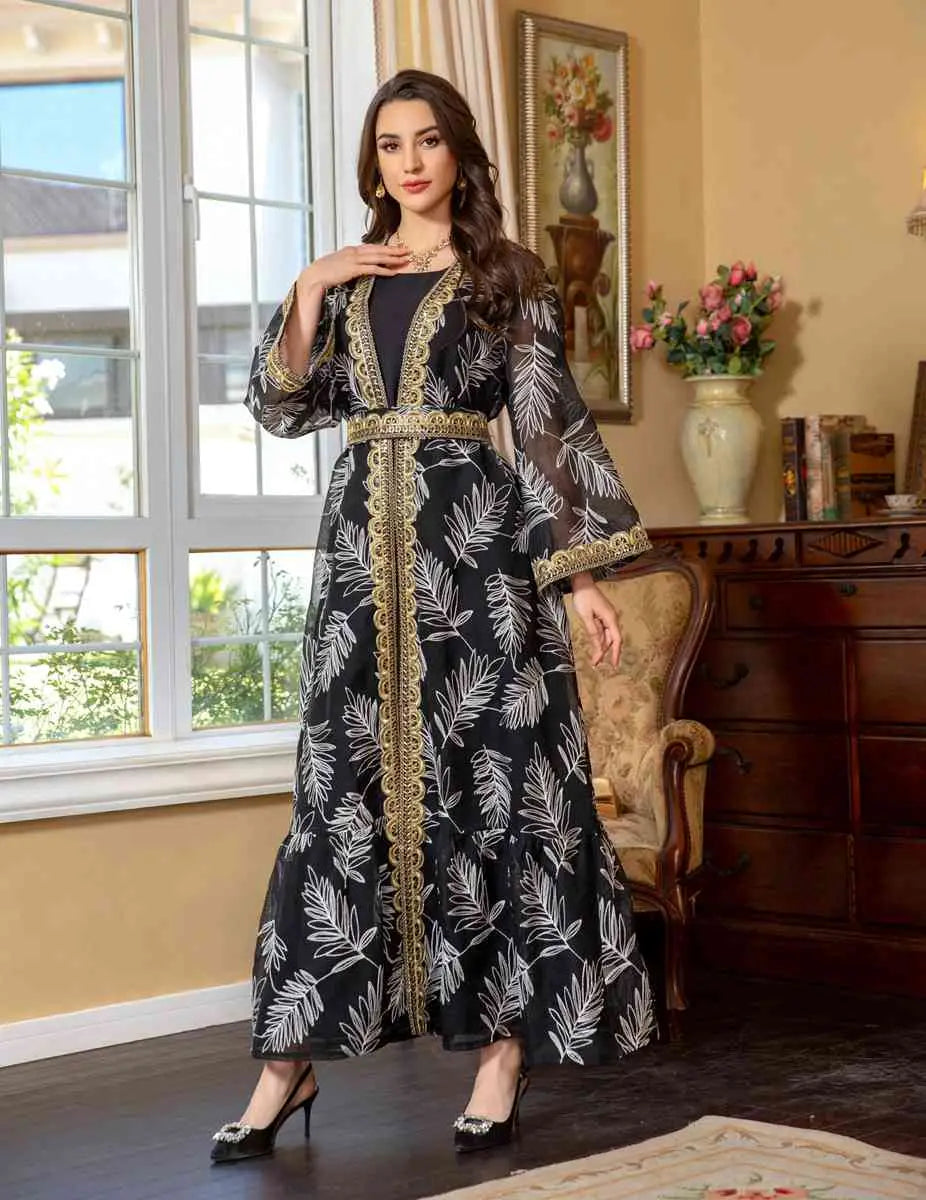 Elegant 2-Piece Eid Dress Set - Embroidered Caftan Kaftan with Sleeveless Inner Dress | Perfect for Eid Celebrations, Weddings & Special Occasions
