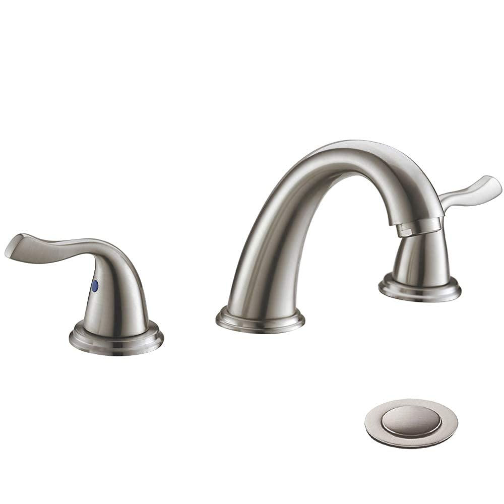 Premium Solid Brass Brushed Nickel 2-Handle Widespread Bathroom Sink Faucet with Stainless Steel Pop-Up Drain - Modern Waterfall Design for Vanity & Powder Room - Perfect for Master Bath, Guest Bath & Luxury Home Renovations