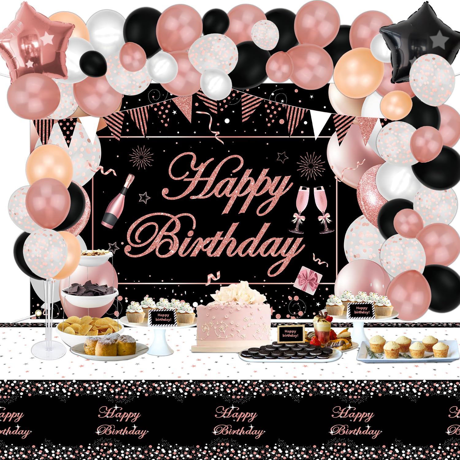 Rose Gold and Black Party Decorations Set - Elegant Backdrop Banner, Tablecloth, Balloon Columns, Latex & Foil Balloons for Women's Birthday, Bridal Shower, Anniversary & Bachelorette Party Decor