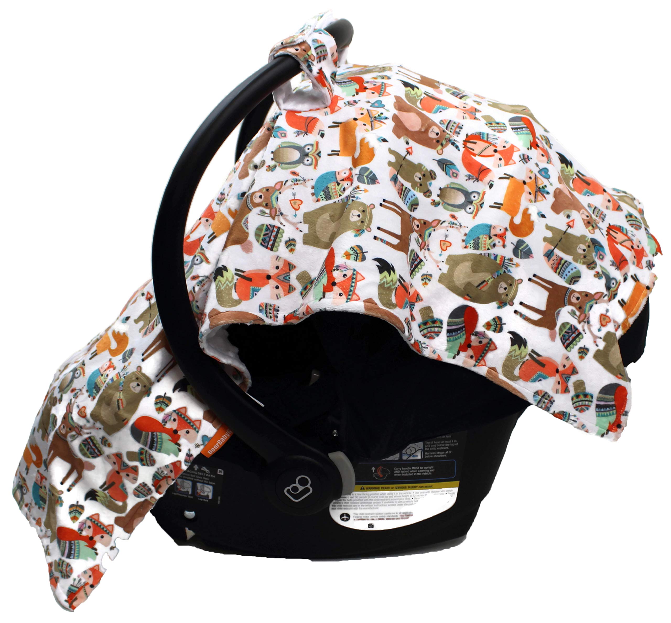 Dear Baby Gear Deluxe Baby Car Seat Canopy Cover - Tribal Woodland Forest Animals Print with White Dots | Perfect for Strollers, Shopping, and Outdoor Adventures