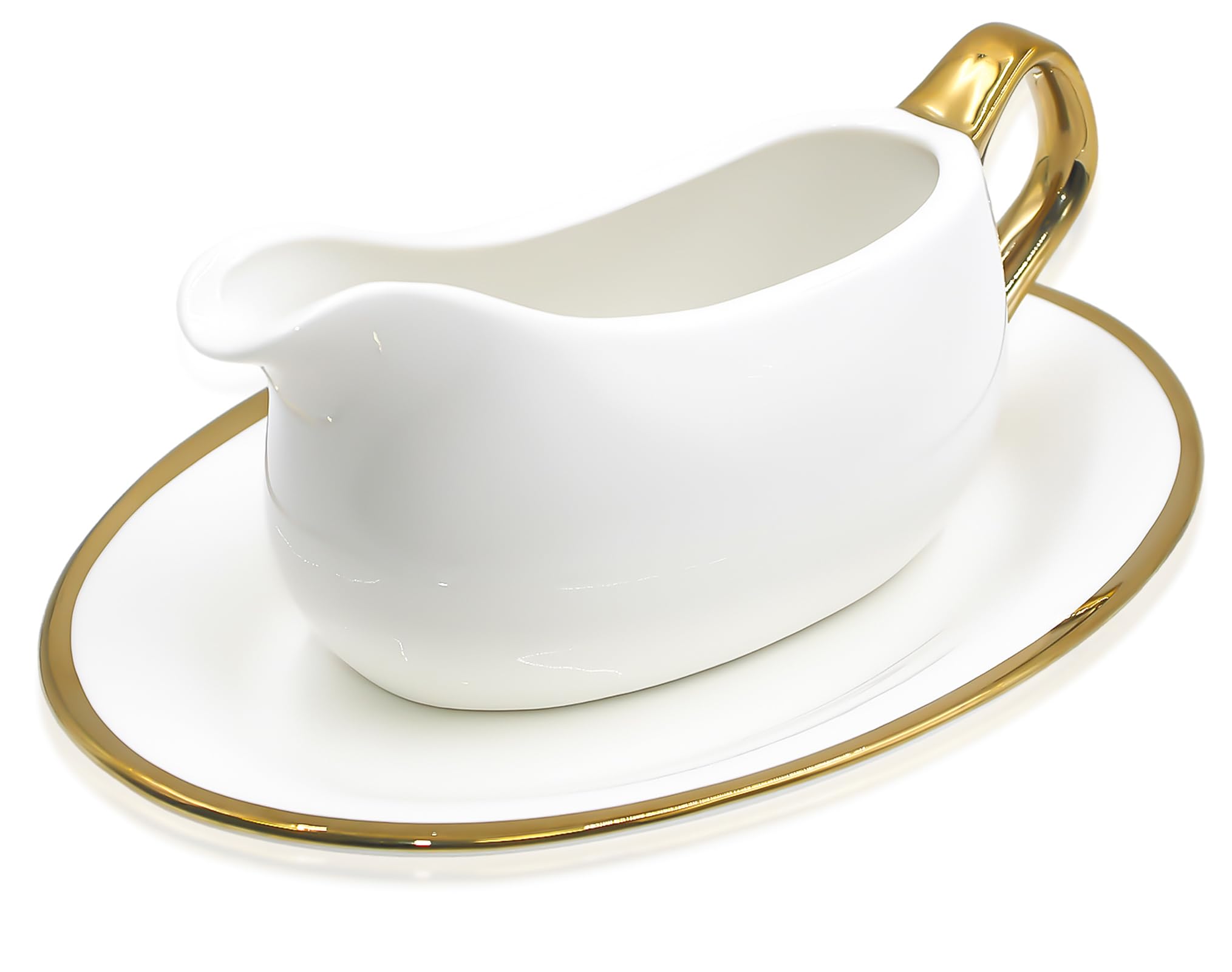 White Ceramic Gravy Boat with Gold Trim - Dripless Spout for Sauces & Dressings - Kitchen Serving Essential