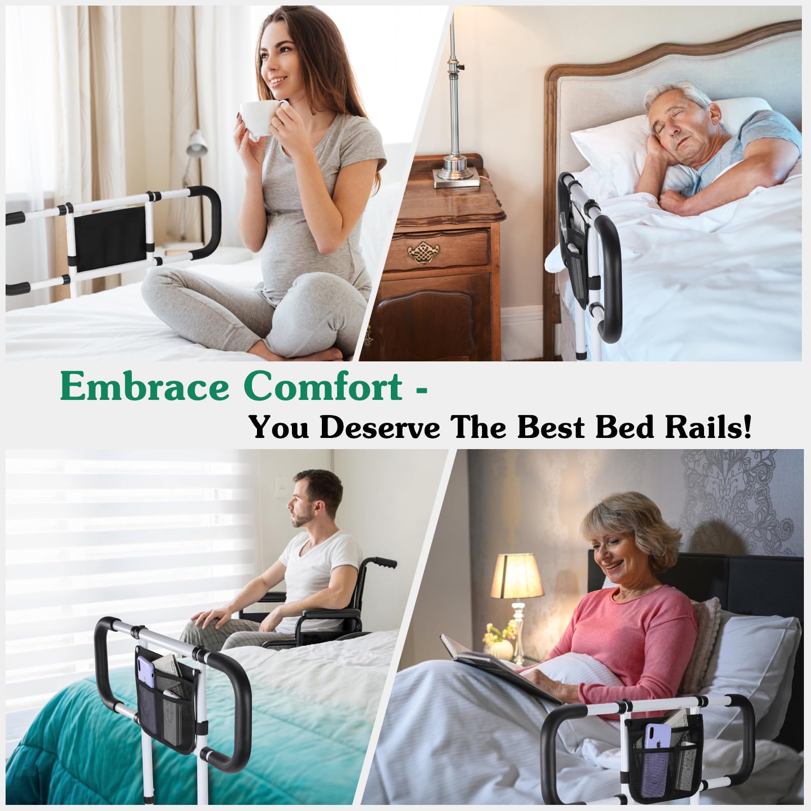 Elderly Bed Safety Rails - Adjustable Bed Assist Handles for Seniors with Storage Bag & Fixing Straps - Fits King, Queen, Full & Twin Beds - Ideal for Fall Prevention & Home Care Assistance