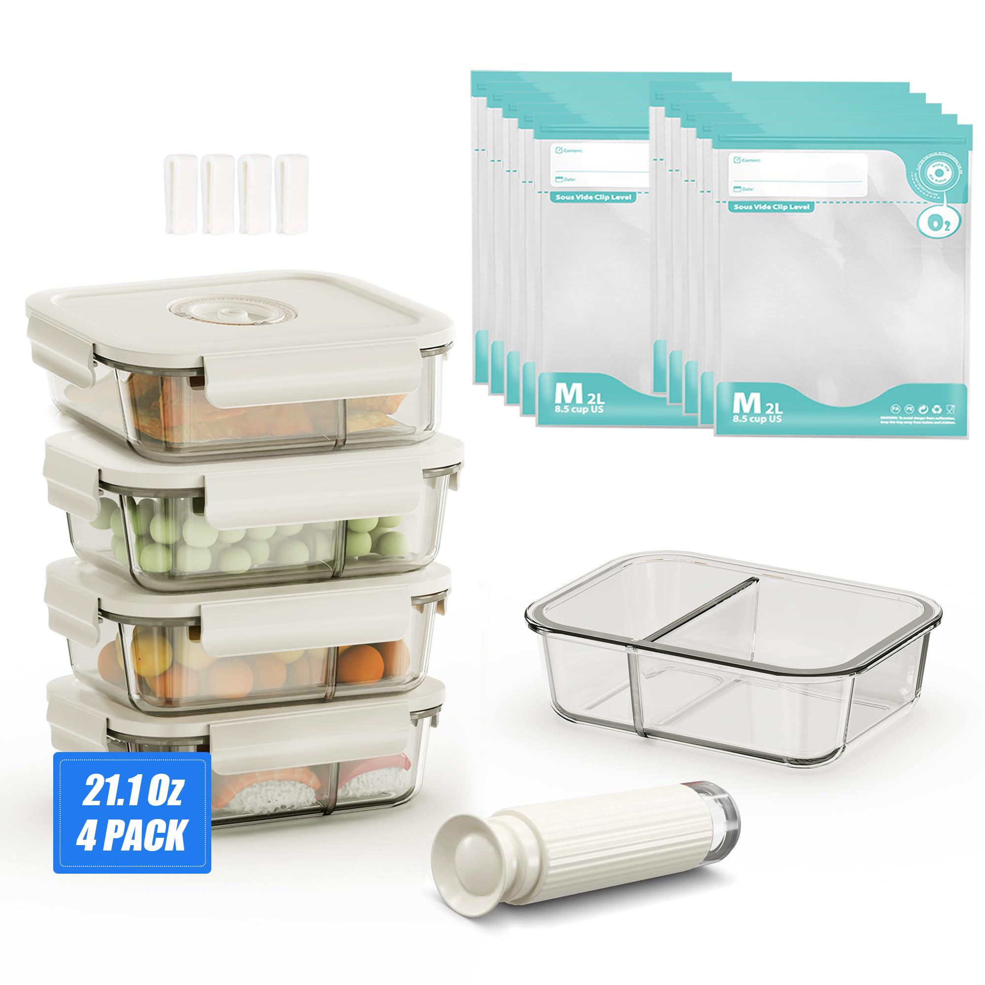 19-Piece Vacuum Sealer Kit with Handheld Manual Pump - Includes 4 Borosilicate Glass Storage Containers (21 Oz) & 10 Reusable Vacuum Bags (8.5 Cups) - Airtight Food Preservation for Meal Prep, Leftovers & Sous Vide Cooking