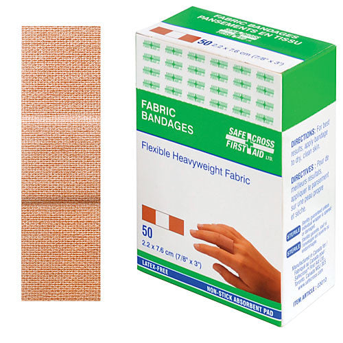 Premium Heavyweight Fabric Bandages 2.2 x 7.6 cm (50 Count Box) - First Aid for Cuts, Scrapes & Wounds - Ideal for Home, Office & Travel First Aid Kits