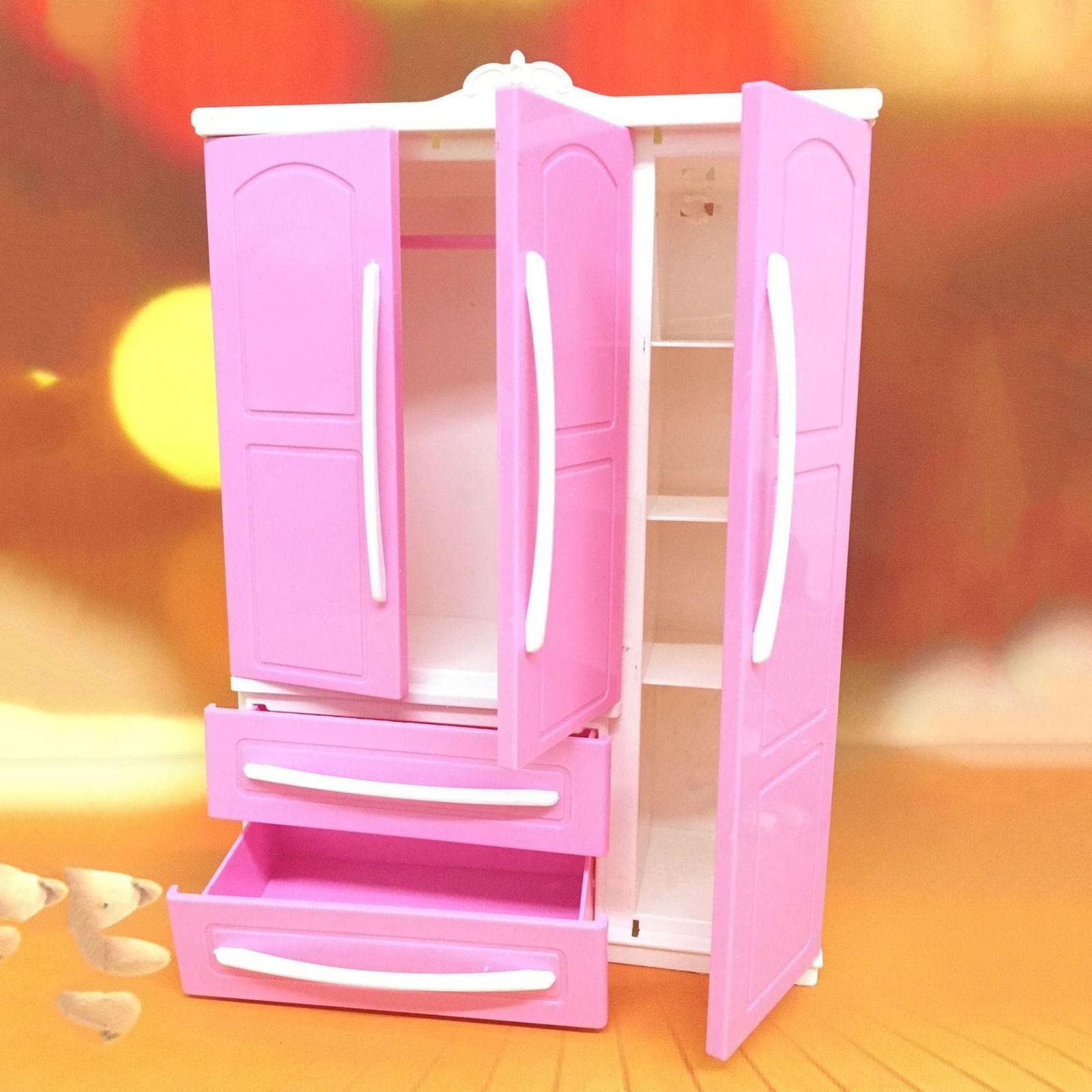 Imitation Doll Closet Wardrobe with Openable Drawer - Miniature Dollhouse Furniture for American Girl & Barbie Dolls - Perfect for Kids' Playroom, Bedroom Decor & Collectors Display