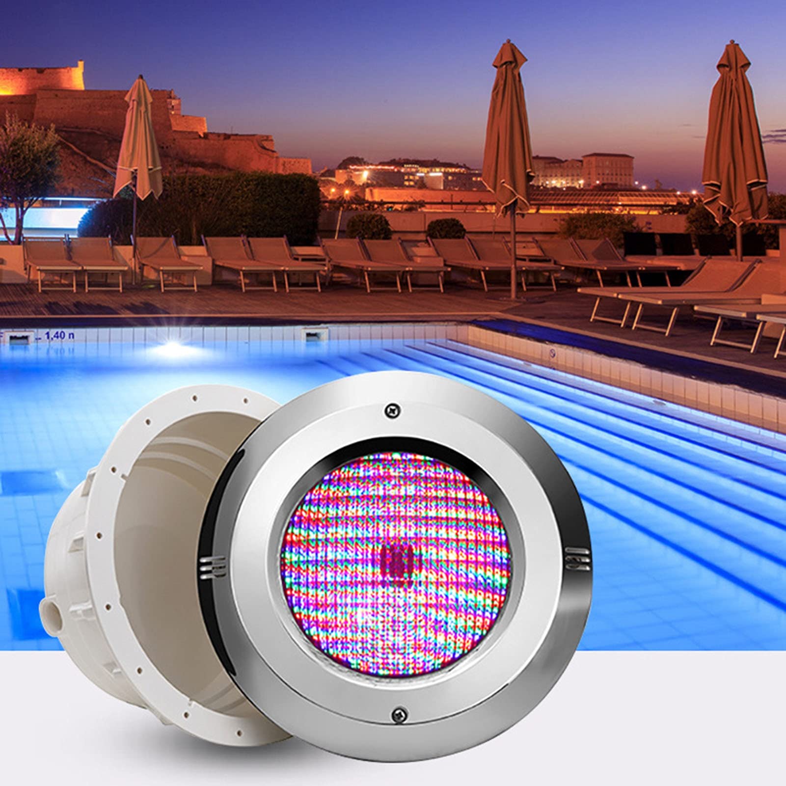 Par56 LED Pool Light Kit - IP68 Waterproof Stainless Steel Housing for Liner & Concrete Swimming Pools - RGB Color Changing with Remote Control - 24W Energy Efficient - Perfect for Backyard, Inground & Above Ground Pool Lighting