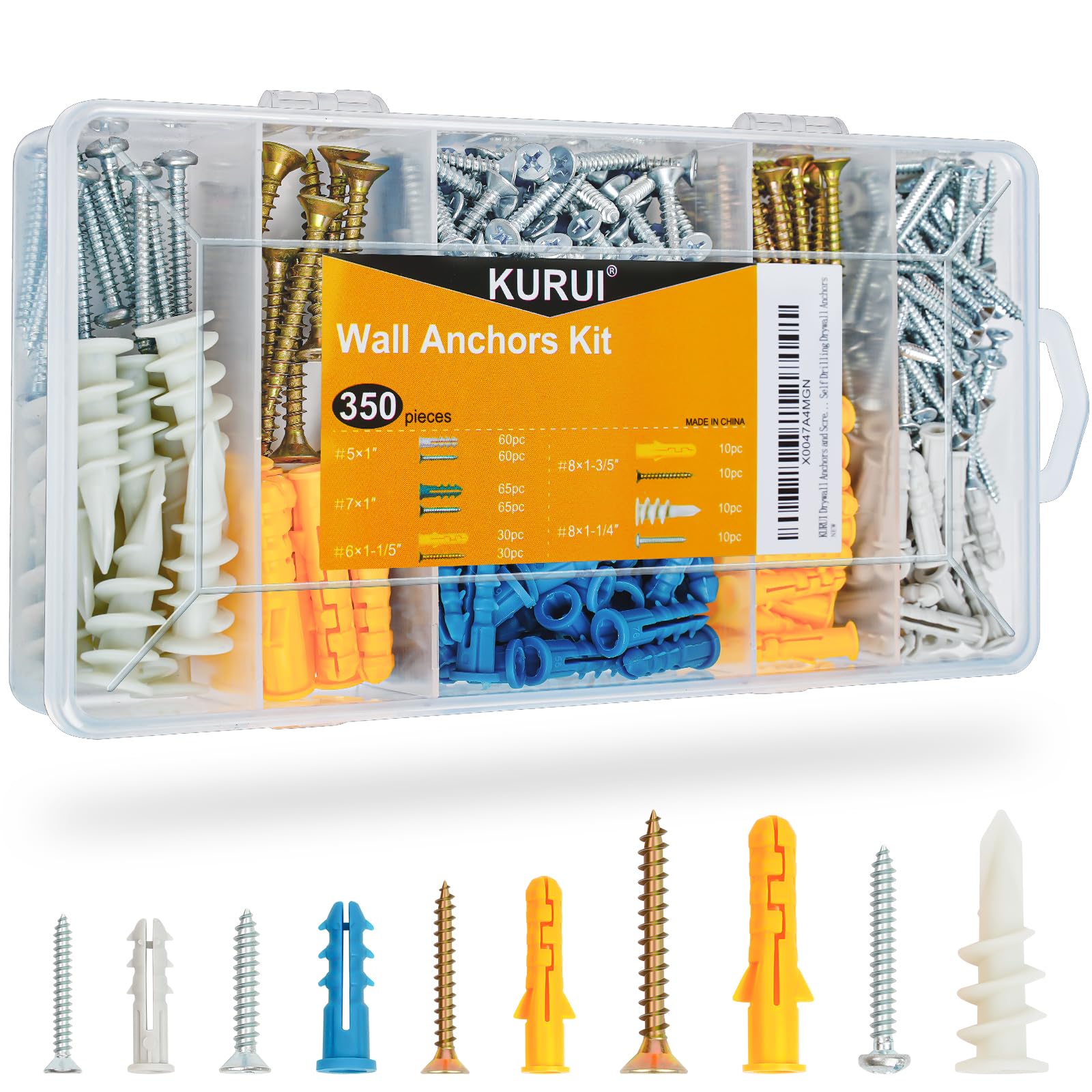 KURUI 350PCS Drywall Anchors Kit - Heavy Duty Wall Anchors for Concrete, Brick & Sheetrock - Includes 175 Anchors & 175 Screws (5 Sizes) - Perfect for Hanging Pictures, Frames, Curtain Rods & Wall Art - Home & Office Decor Installation Solution