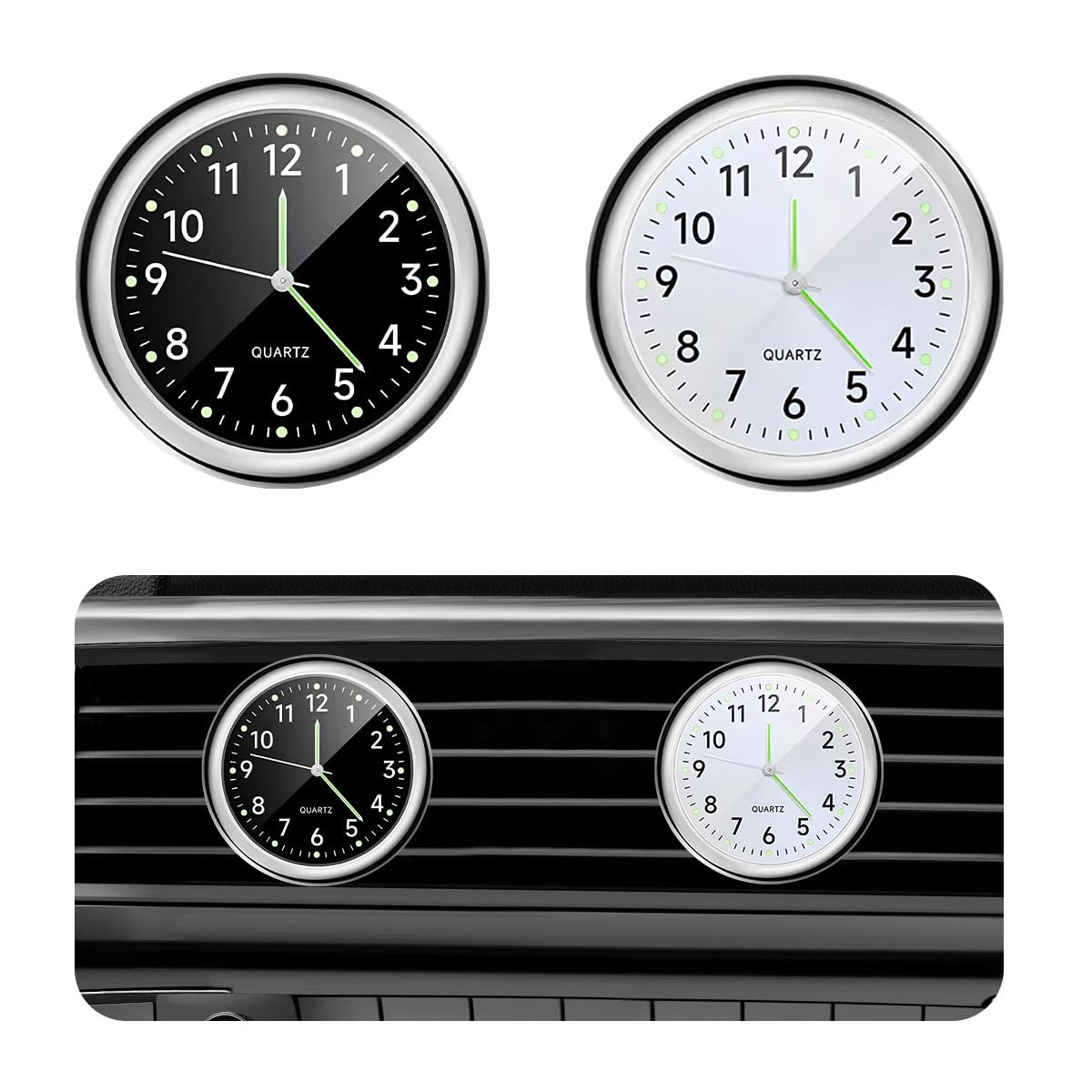 2 Pack Mini Round Luminous Car Dashboard Clock - Self-Adhesive Vent Mount, Universal Auto Accessory (Black & White) | Perfect for Night Driving, Road Trips & Vehicle Interior Decoration