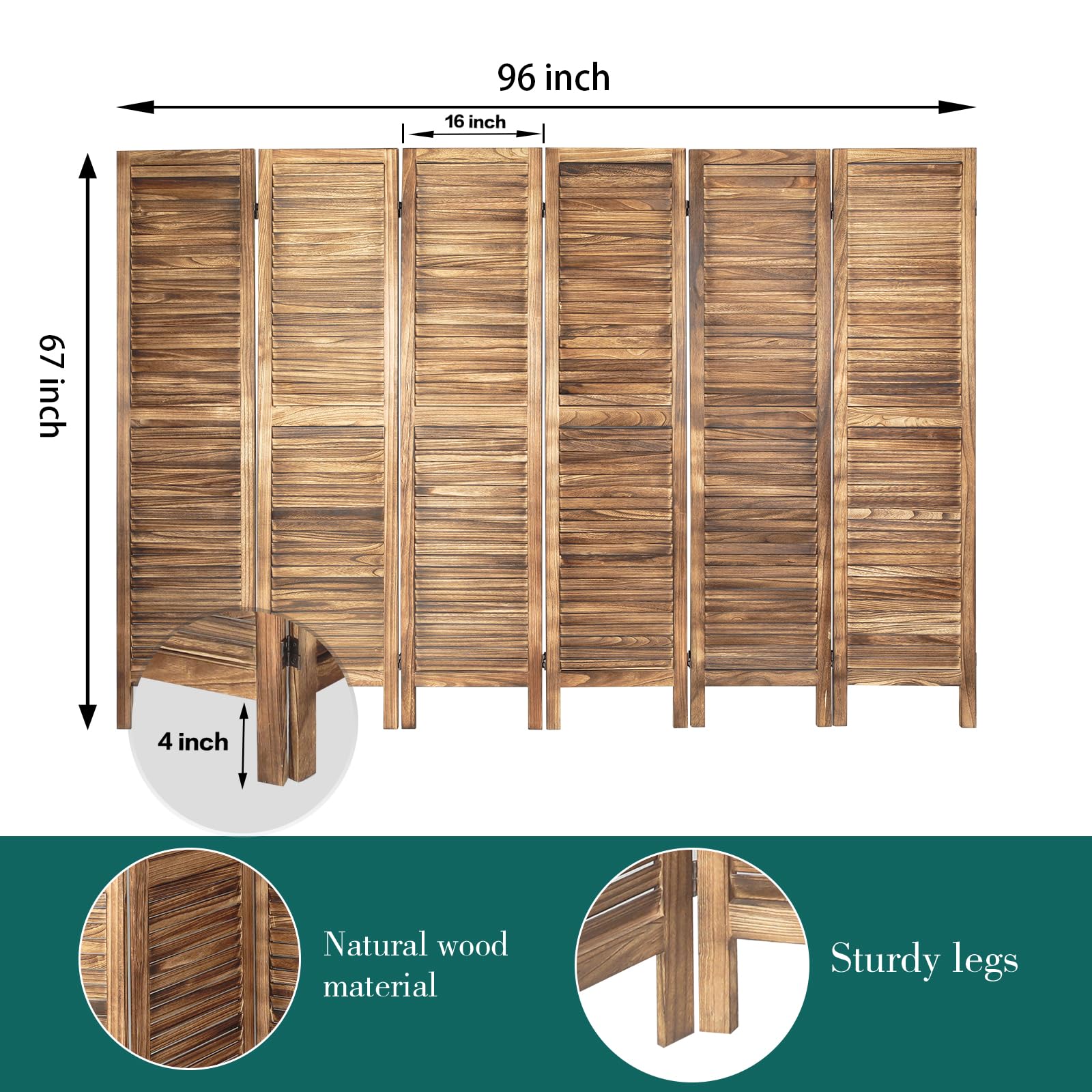 ECOMEX 6 Panel Wood Room Divider - 5.6Ft Tall Folding Privacy Screen with Louvered Design, Freestanding Partition for Home, Office, Restaurant & Bedroom (Brown) | Perfect for Creating Private Spaces, Room Separation & Decoration