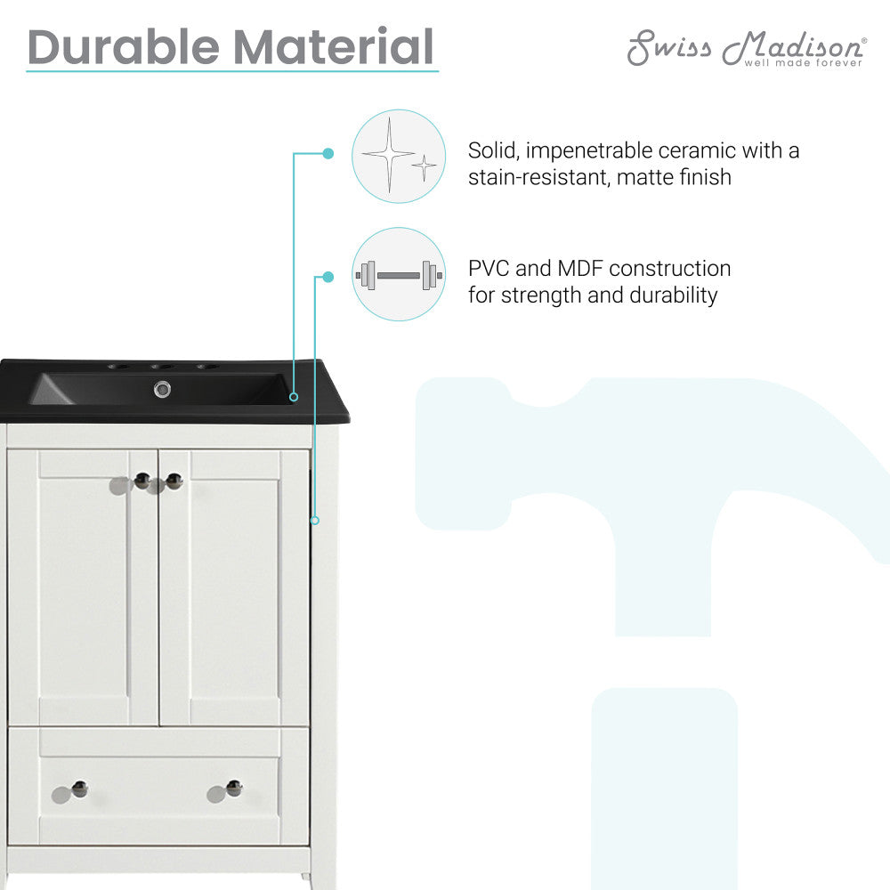 24 Inch White Bathroom Vanity with Black 3-Hole Ceramic Sink Top - Modern Bathroom Storage for Small Spaces, Powder Rooms & Guest Baths