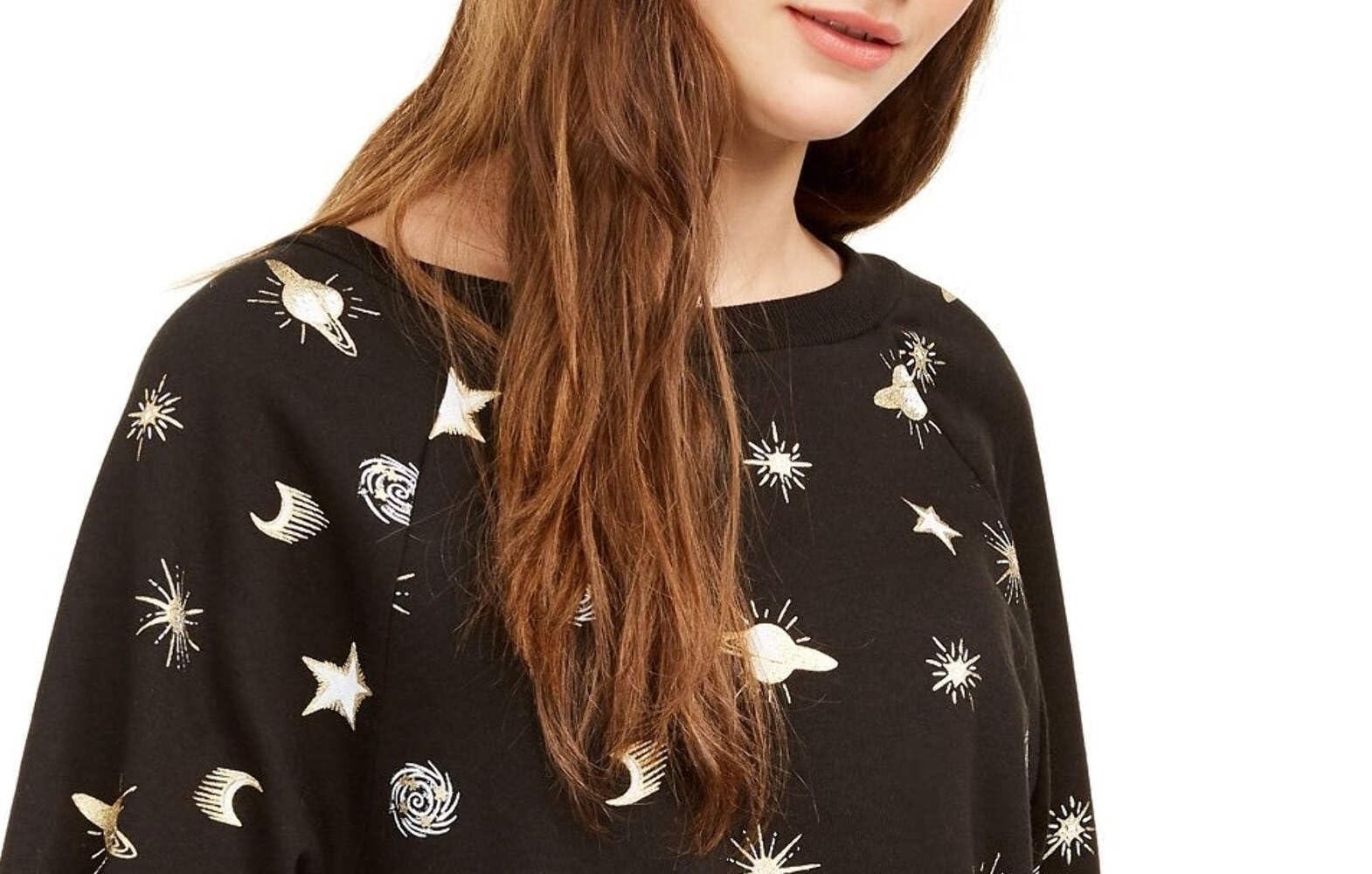 Women's Juniors' Planets Metallic Graphic Sweatshirt - Black, Size Small | Trendy Space-Themed Pullover for Casual Wear & Street Style