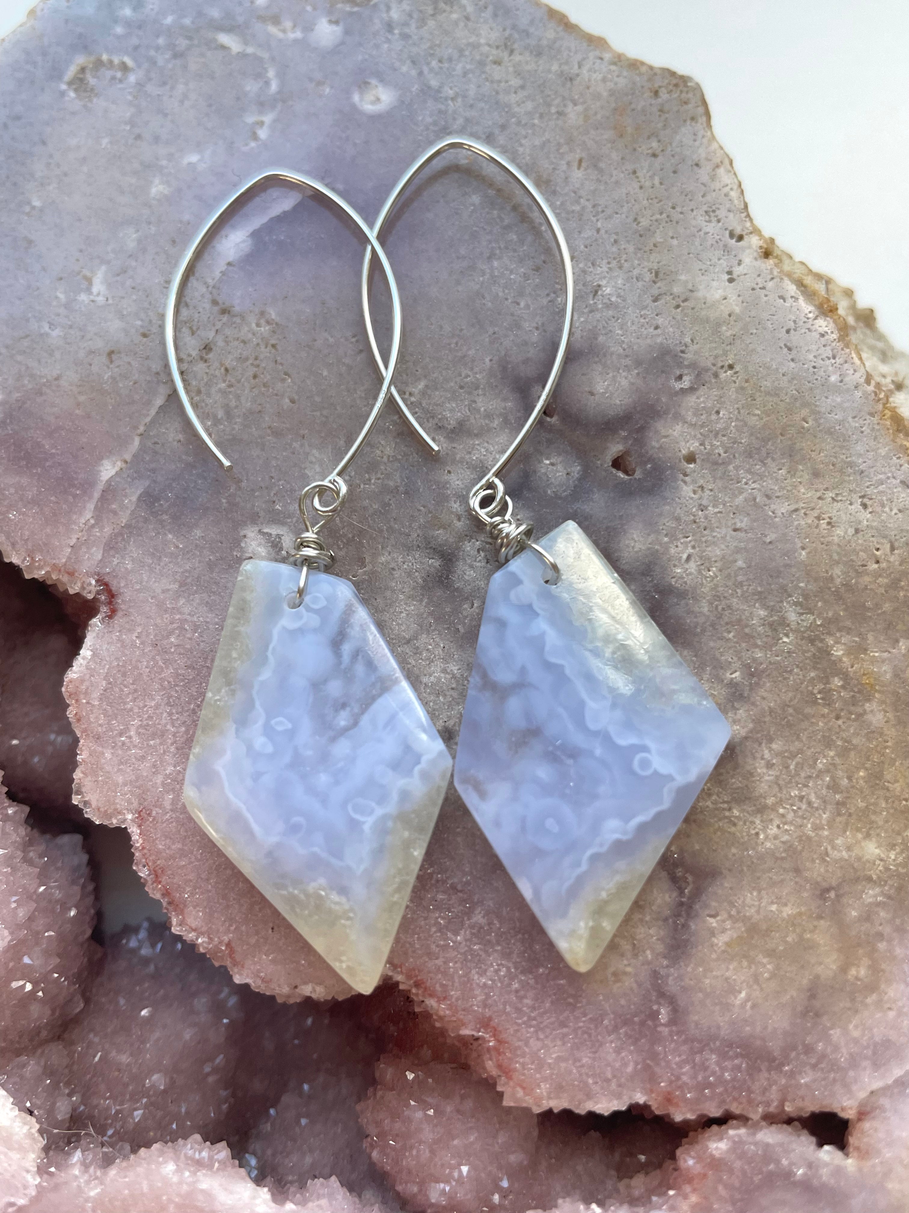 Blue Lace Agate Statement Earrings Sterling Silver - Elegant Dangle Earrings for Women, Handmade Jewelry Gift for Her - Perfect for Weddings, Parties & Special Occasions