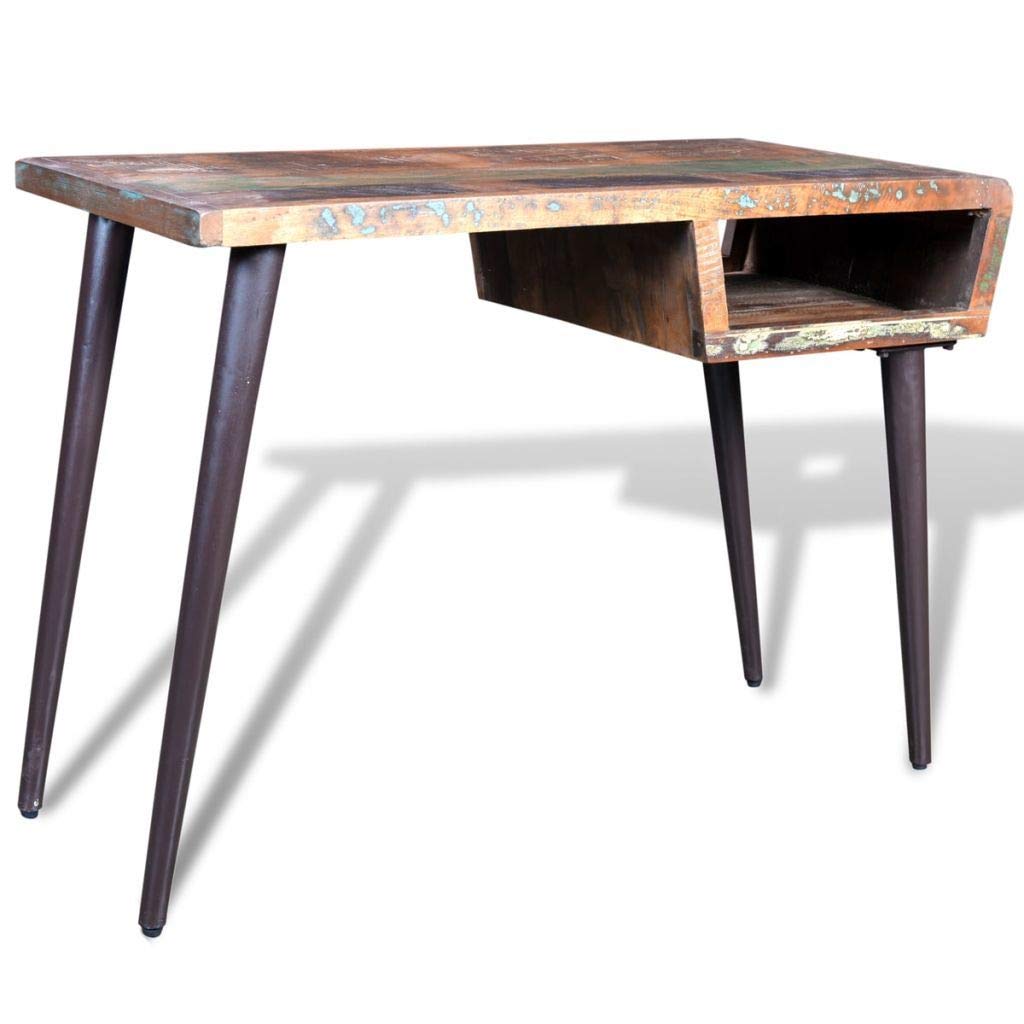 Rustic Reclaimed Wood Computer Desk with 4 Iron Legs - Vintage Style Writing Table for Home Office, Study & Workspace | Durable & Stylish Workstation for Memory Keeping