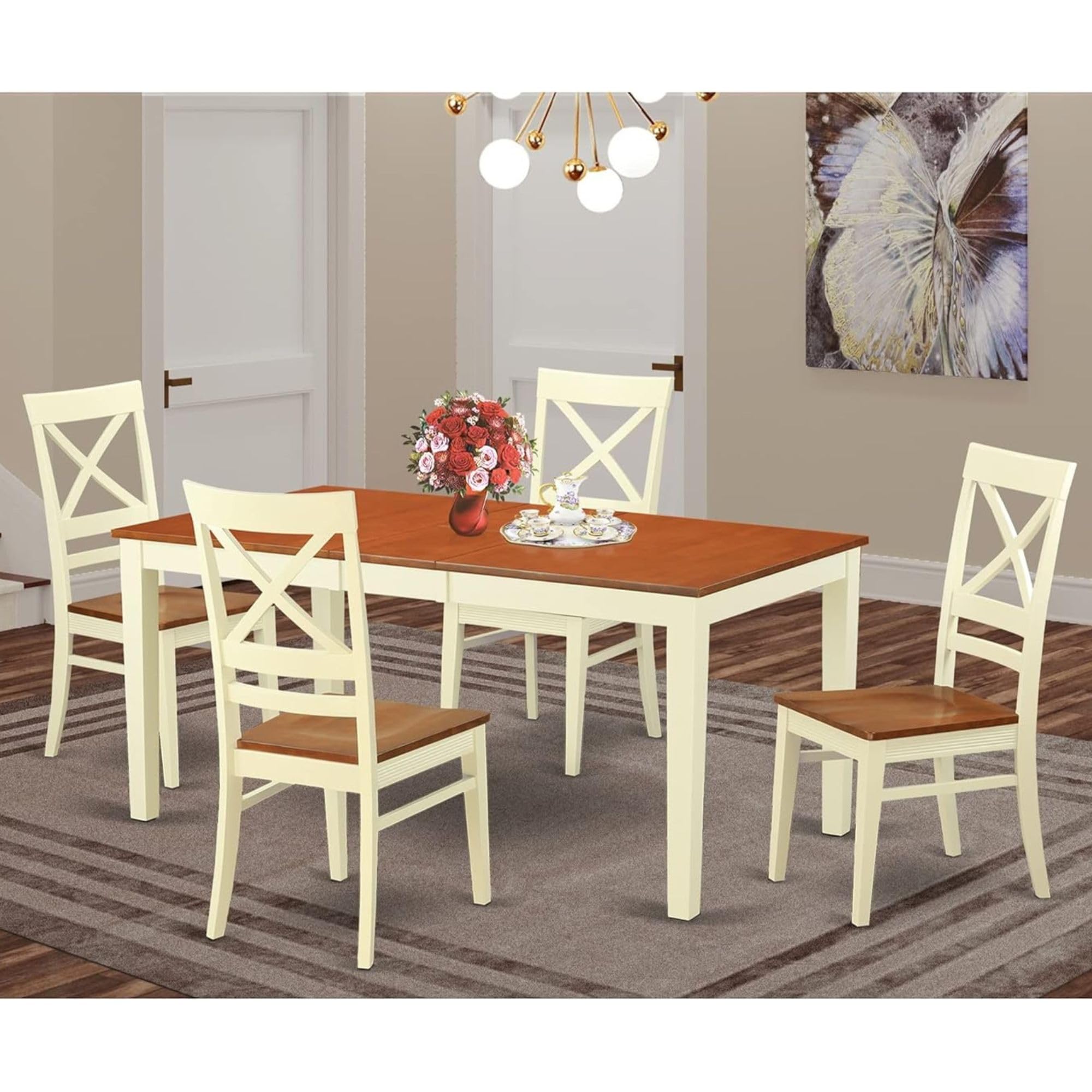 East West Furniture NIQU5-WHI-W 5-Piece Dining Set with Rectangle Table & 4 Chairs - 36x66 Inch Expandable Butterfly Leaf Table in Buttermilk & Cherry - Perfect for Small Kitchens, Breakfast Nooks & Cozy Dining Spaces