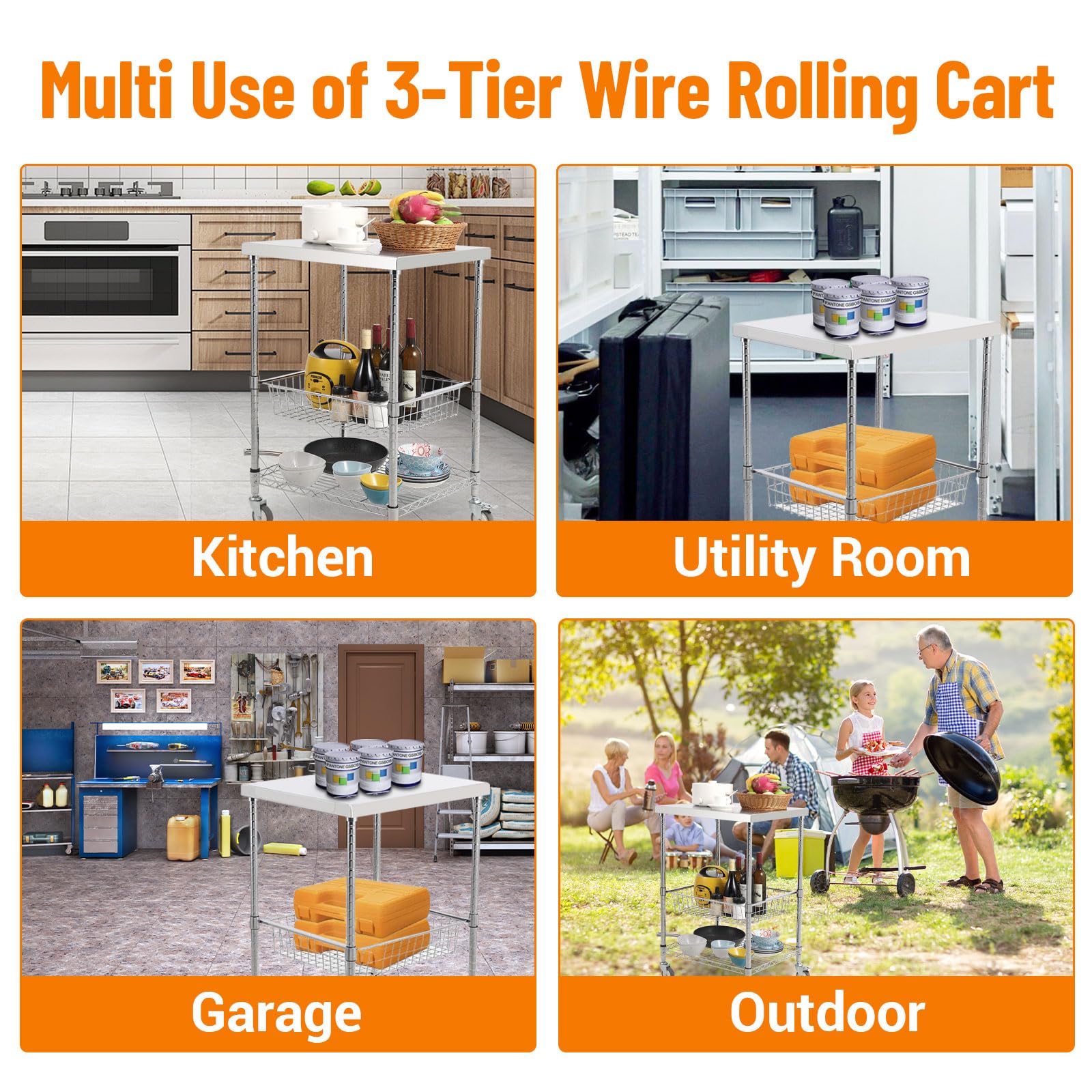 GARVEE 3-Tier Metal Wire Rolling Cart with Wheels - Sturdy Storage Organizer for Kitchen, Bathroom, Office, or Dorm Room | Mobile Utility Cart for Home Organization