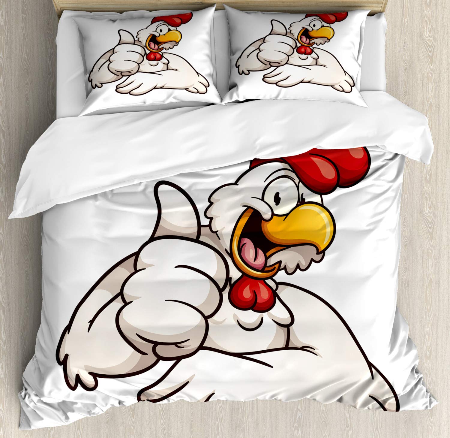 Ambesonne Smile Duvet Cover Set - Cartoon Style Joyous Chicken with Funny Thumbs Up Design | 3-Piece King Size Bedding Set with 2 Pillow Shams in White Vermilion Eggshell | Perfect for Kids' Rooms, Teen Bedrooms & Whimsical Home Decor