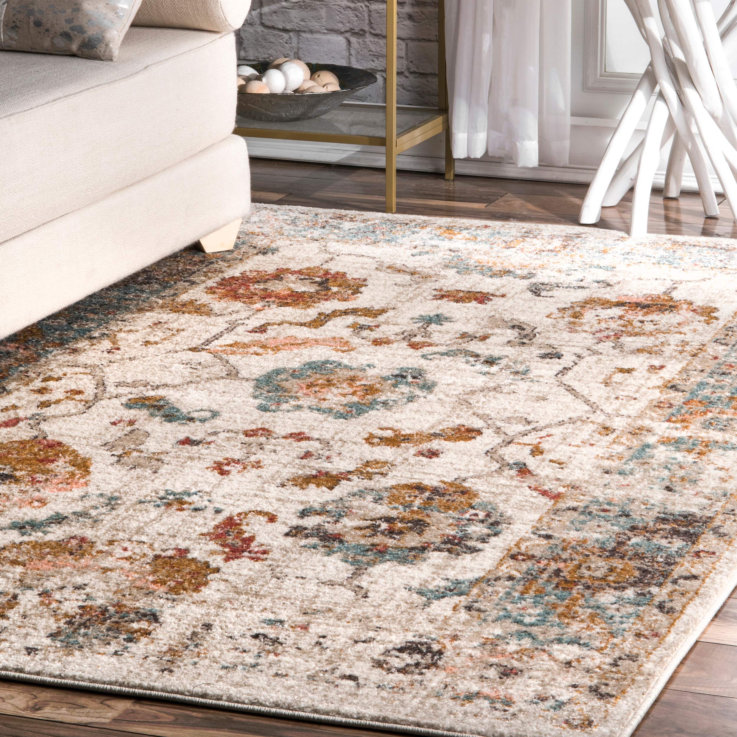 NuLOOM Cecil Vintage Floral Area Rug 10x14 Feet, Beige Distressed Farmhouse Rug - Perfect for Living Room, Bedroom & Home Decor