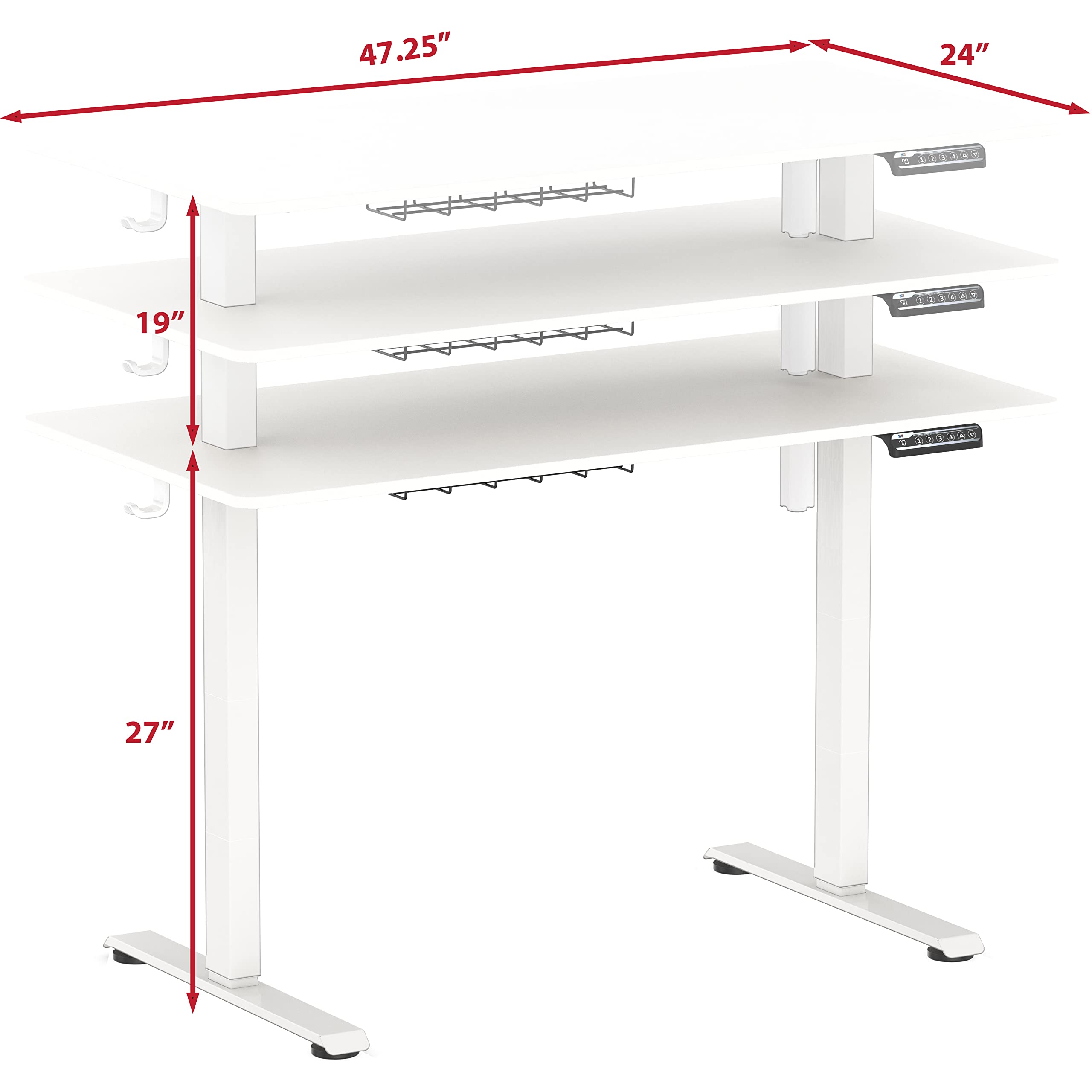 SHW 48-Inch Electric Height Adjustable Sit to Stand Desk with Hanging Hooks & Cable Management, 122 x 60cm White - Perfect for Home Office, Gaming & Workspace Ergonomics