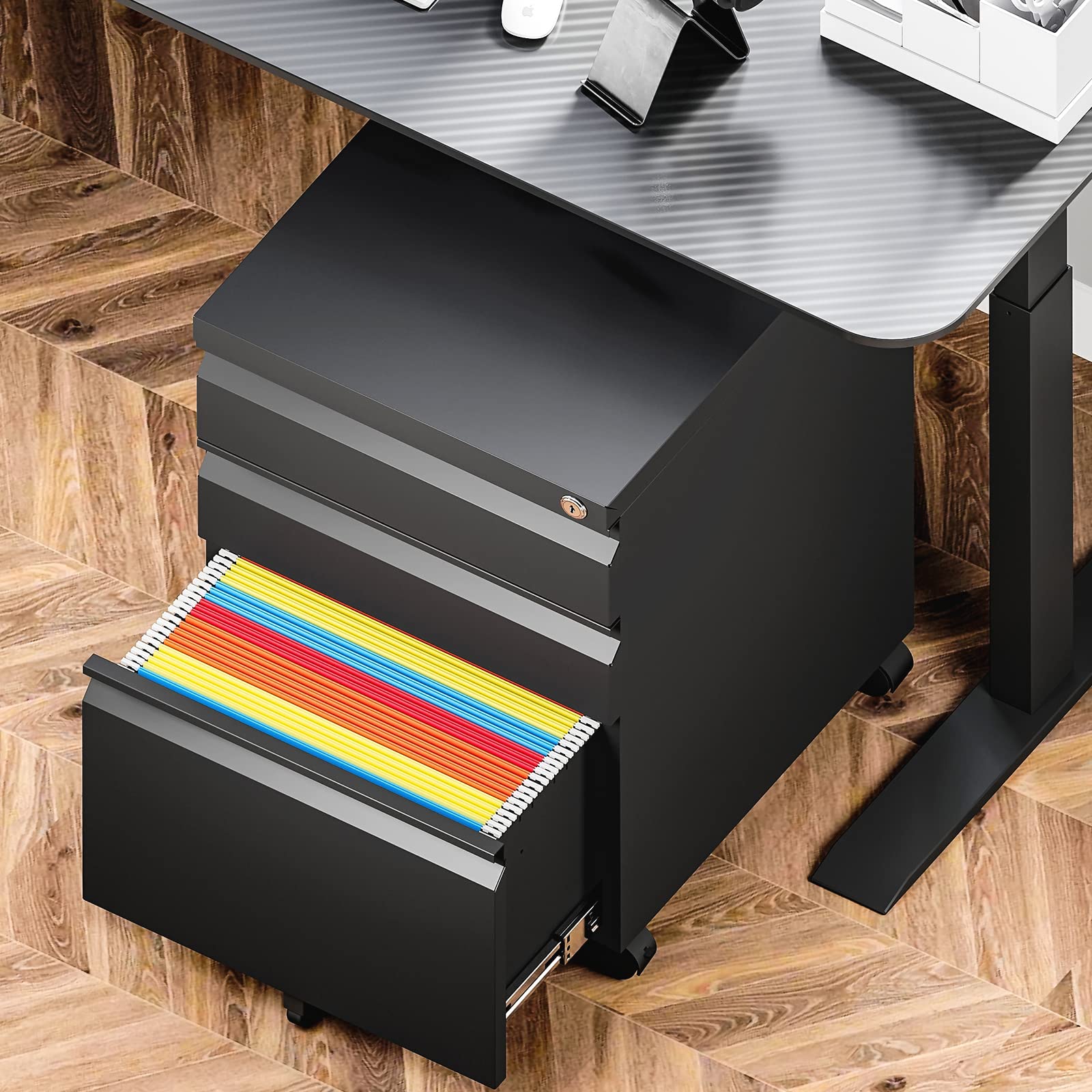 Yizosh 3-Drawer Locking Mobile File Cabinet - Black Under Desk Rolling Storage Organizer for Legal/Letter/A4 Files - Heavy Duty Metal File Cabinet with Wheels (Fully Assembled) - Perfect for Office, Home, or Classroom Organization