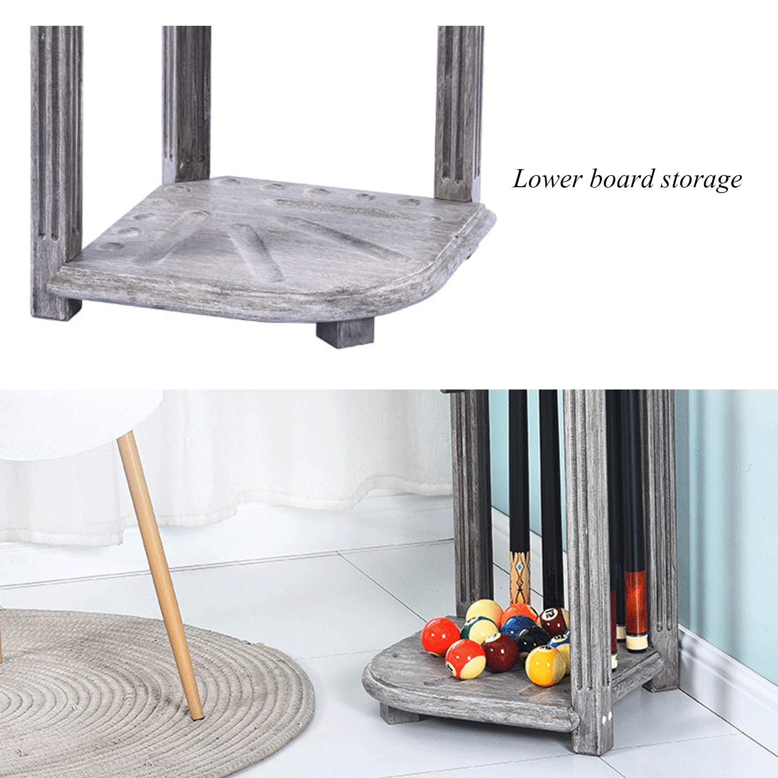 **AILILI Solid Wood Pool Cue Rack - 27x15x15in Billiard Stick Stand, Retro Style Silver Grey Finish, Holds 10 Cues - Corner Floor Cue Holder for Pool Bars, Clubs & Game Rooms**