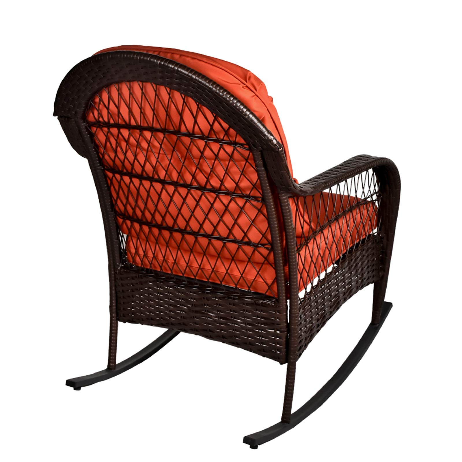 **All-Weather Outdoor Wicker Rocking Chair with Cushions - Brown Wicker & Orange Cushion - Perfect for Garden, Patio, Yard, Porch, Lawn, Balcony & Backyard Relaxation**