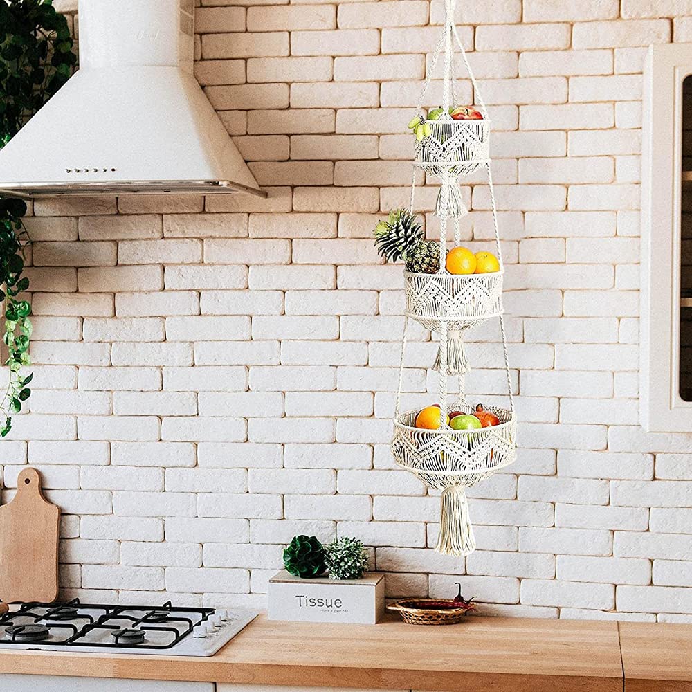 3-Tier Braided Hanging Fruit Basket - Space Saving Kitchen Storage Organizer for Fruits, Vegetables & Plants | Perfect for Pantry, Countertop & Small Spaces