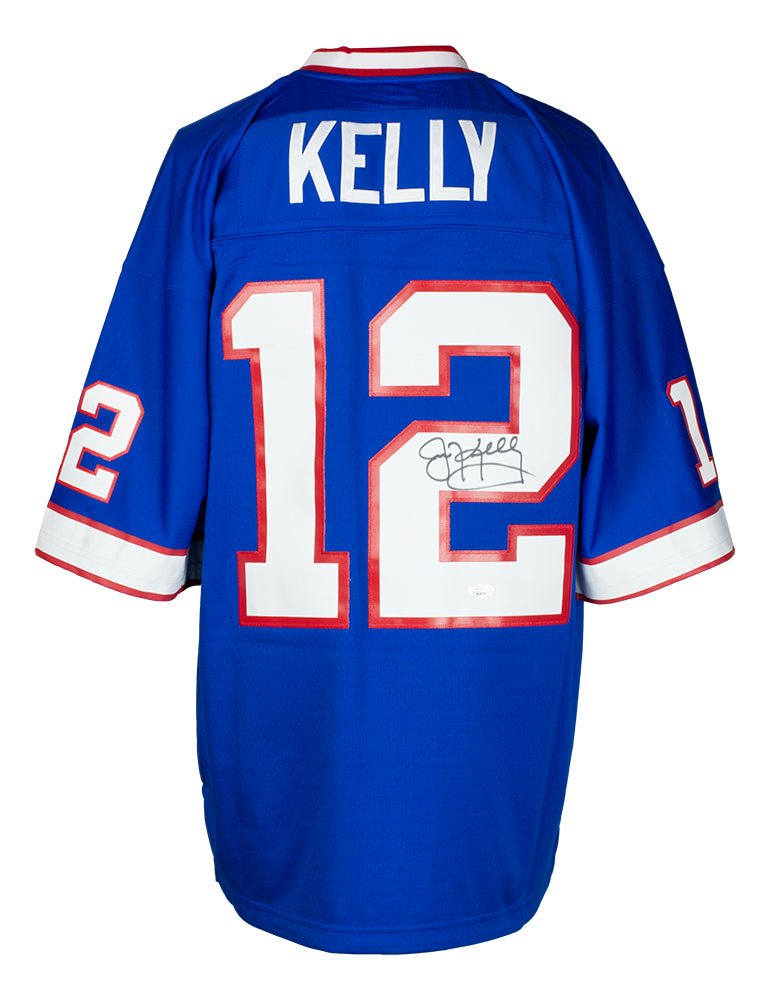 Jim Kelly Autographed Buffalo Bills Blue Mitchell & Ness NFL Jersey with JSA COA - Perfect for Football Collectors & Sports Memorabilia Displays