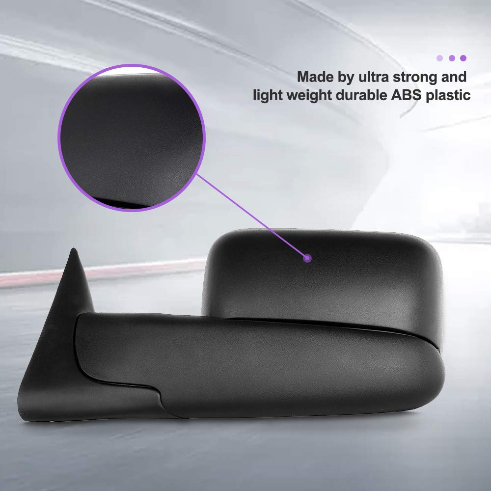 INEEDUP Towing Mirrors for Dodge Ram 1500/2500/3500 (1998-2001) - Power Heated Side Mirrors with Black Housing - Perfect for Truck Towing & Off-Road Adventures