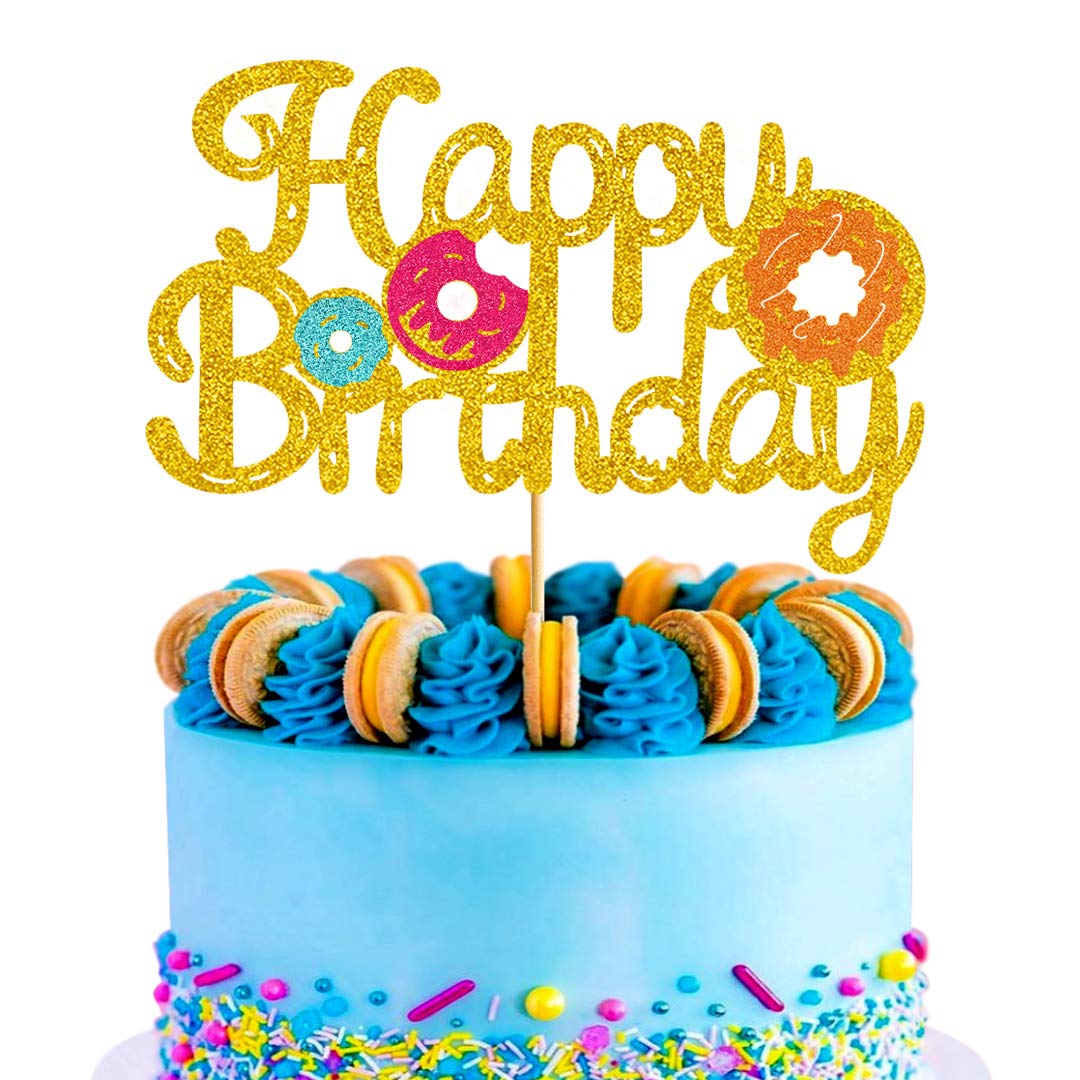 Gold Glitter Donut Cake Topper - Double Sided Happy Birthday Party Decorations for Girls & Kids (6.7’’ x 4.49’’) | Donut Grow Up Themed Birthday, Baby Shower & Celebration Cake Decoration