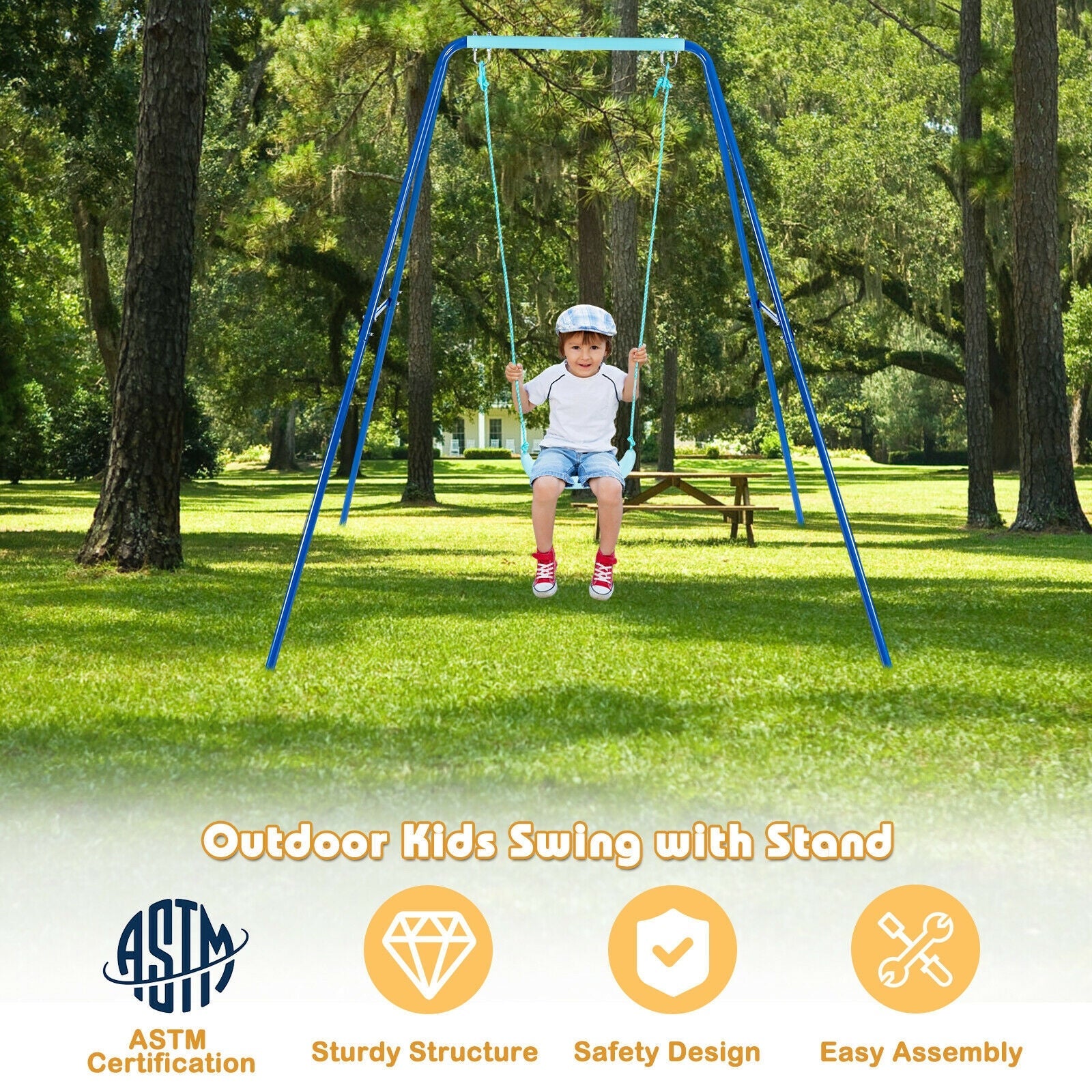 Heavy Duty Outdoor Kids Swing Set with Metal A-Frame & Ground Stakes - Blue | Backyard Playground Equipment for Children's Outdoor Activities