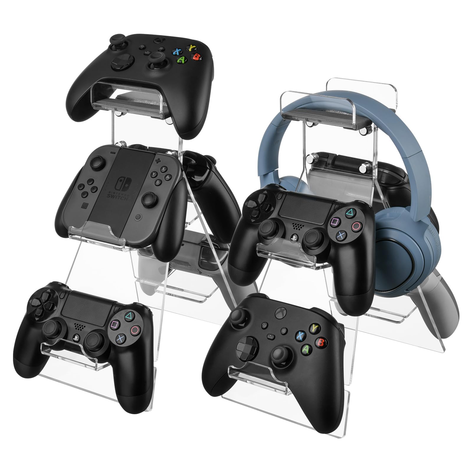Acrylic Game Controller Stand with Headphone Holder - Universal Gaming Controller Rack Compatible with Xbox, PS4, PS5 & Nintendo Switch - Clear Desk Organizer for Gaming Accessories - Perfect for Gaming Setup, Streaming Station & Home Entertainment System