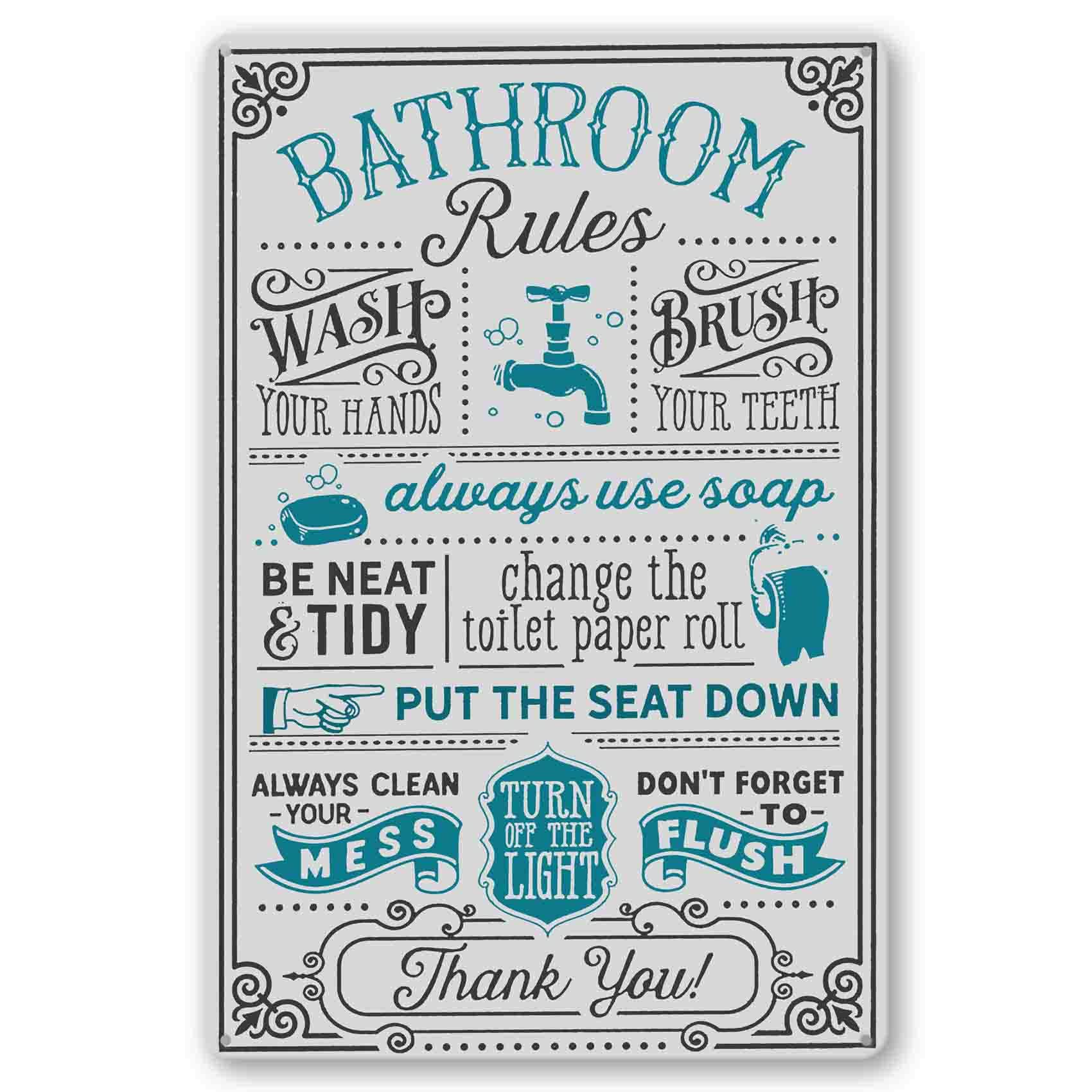 Funny Bathroom Rules Metal Sign - Rustic Farmhouse Wall Decor for Home (7.9x11.8 Inch) - Perfect for Toilet Humor & Bathroom Decorating