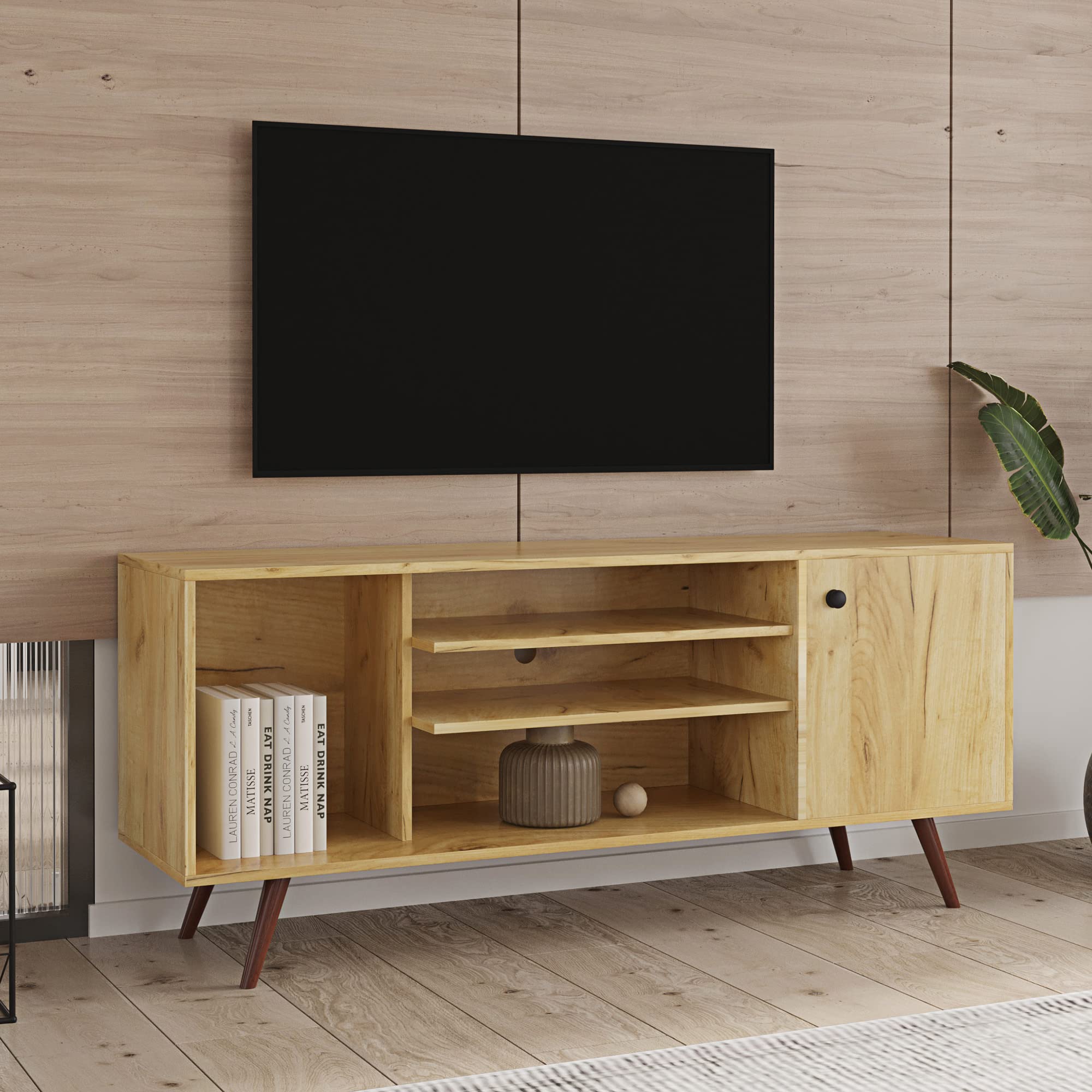 Mid-Century Modern TV Stand for 55 Inch TVs - Rustic Oak Entertainment Center with Open Shelves & Storage Cabinet - Living Room TV Console for Home Theater & Media Storage