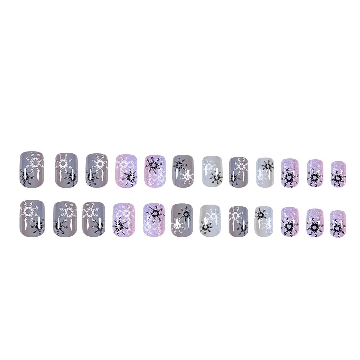 24Pcs Christmas Snowflake Press on Nails - Short Square Fake Nails with Silver Glitter Designs, Purple Full Cover Glue on Nails, Black & White Snowflake Christmas False Nails for Women - Perfect for DIY Winter Manicure, Holiday Parties & Gift Giving