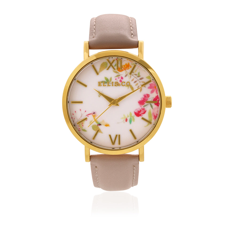 Ellis & Co Holly Floral Dial Women's Watch with Nude Leather Band - Elegant Floral Design for Everyday Wear & Special Occasions