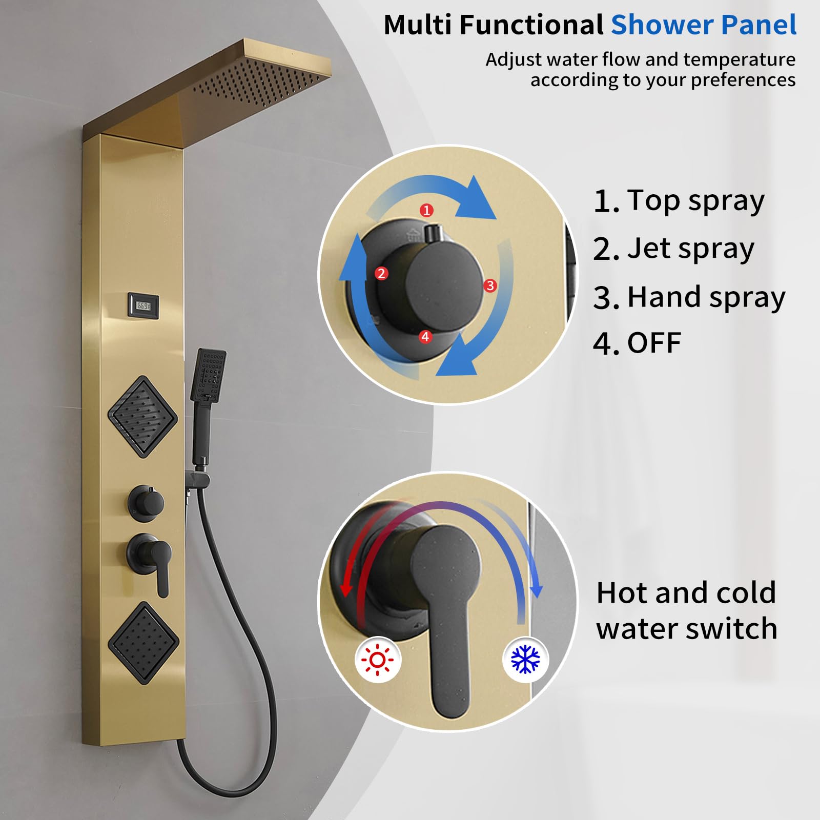 Brushed Gold Shower Panel System with Massage Body Jets - Adjustable Stainless Steel Stand Shower Column Wall Mount - Luxury Bathroom Upgrade for Spa-Like Experience