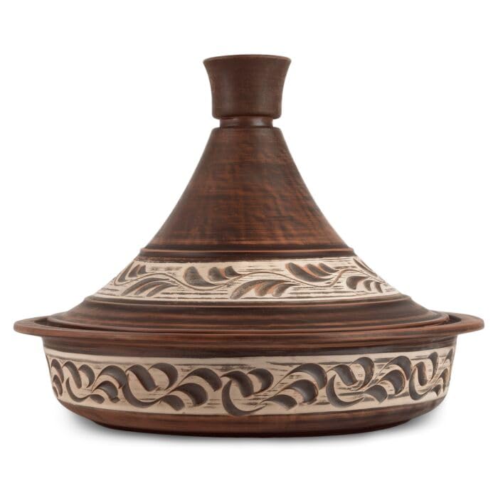 Handmade Red Clay Stoneware Tajine Pot with Engobe Décor & Ceramic Cone Lid – Pre-Seasoned Cast Iron Diffuser for Authentic Caribbean One-Pot Cooking | Perfect for Slow Cooking, Stews & Gift Giving (Red)