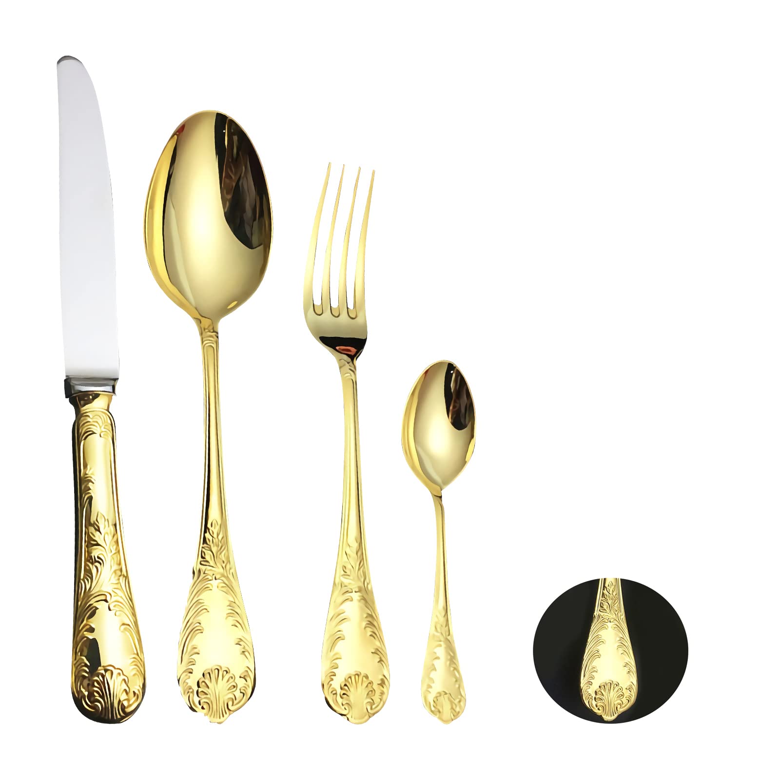 48-Piece 18/10 Stainless Steel Silverware Set - Vintage Knives, Forks & Spoons with Embossed Handle Design | Mirror Polished Reusable Flatware for Home, Restaurant & Hotel Use | Elegant Dinnerware for Parties, Weddings & Formal Dining (Gold, 48pcs)