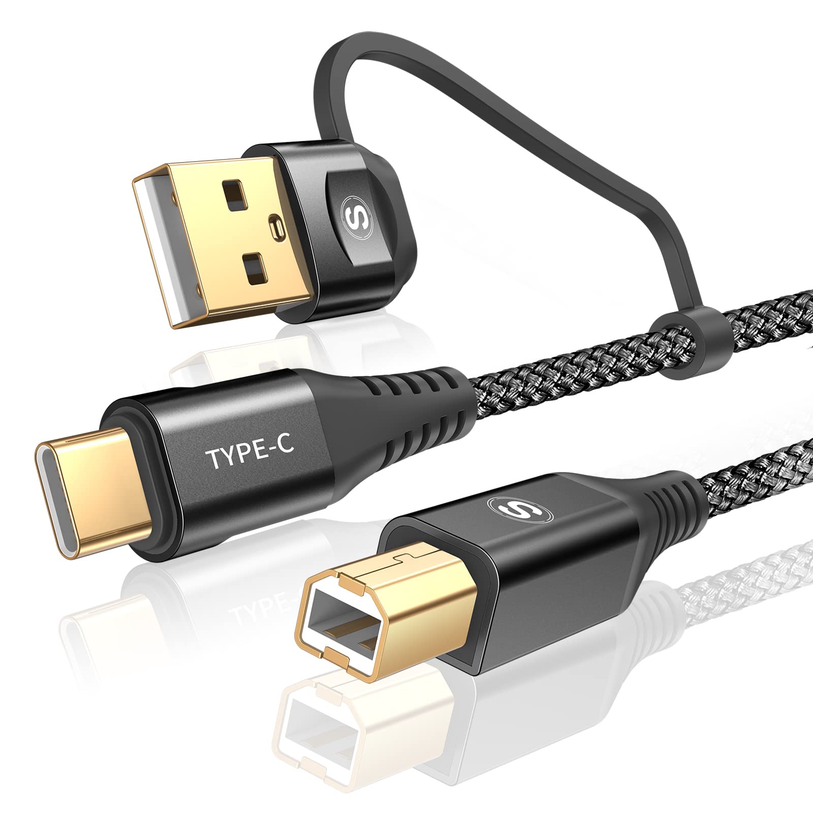 2-in-1 USB-A/C to USB-B Printer Cable 20FT - High Speed Braided USB C MIDI Cable for HP/Canon/Dell/Epson/Brother/Samsung Printers, MacBook Pro/Air, Digital Piano MIDI Controller - Durable & Tangle-Free (Black) - Perfect for Home Office, Studio & Music Production