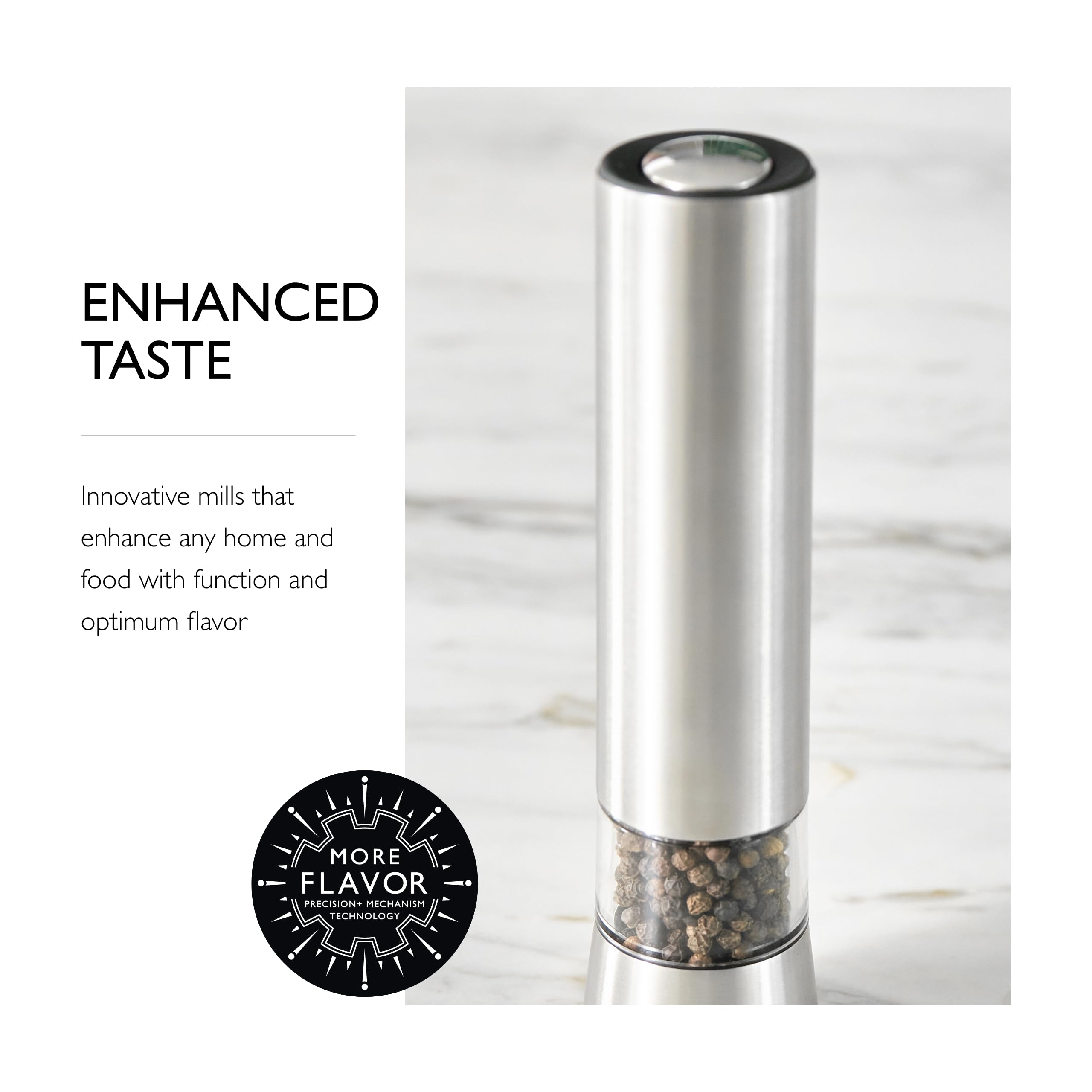Cole & Mason Hampstead Electric Pepper Grinder - Adjustable Stainless Steel Spice Mill with One-Hand Operation - Perfect for Kitchen, Dining Table & Outdoor BBQ