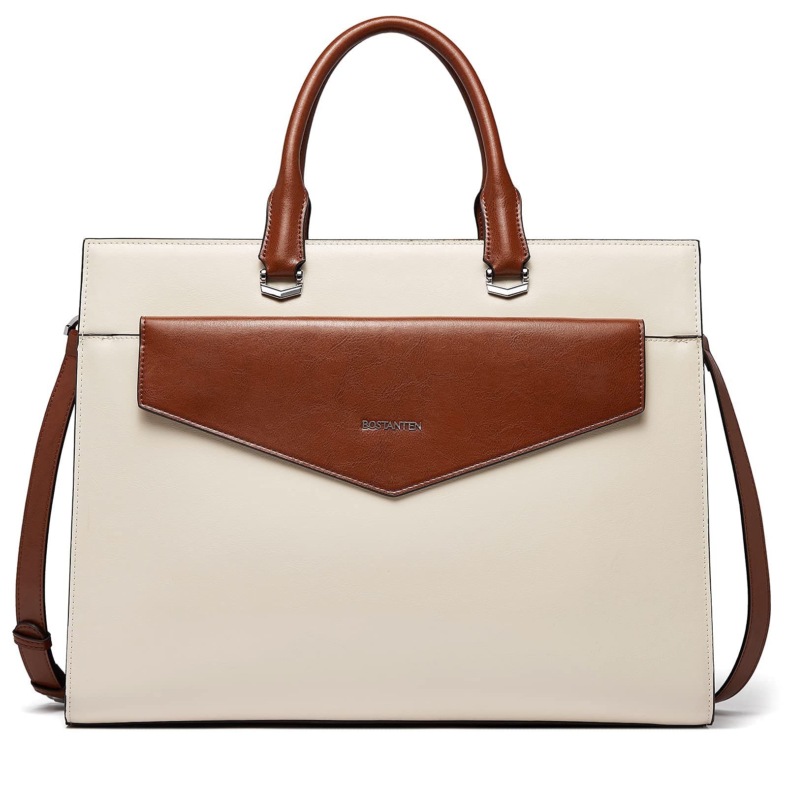 BOSTANTEN Women's Genuine Leather Laptop Tote Bag - 15.6 Inch Professional Work Briefcase Handbag in Beige - Perfect for Office, Business Travel & Daily Commute