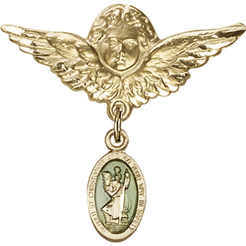 St. Christopher Gold Filled Baby Badge with Blue Charm & Angel Wing Pin - 1 1/8 X 1 1/8 Inch - Perfect for Christening Gifts, Baby Showers & Baptism Keepsakes