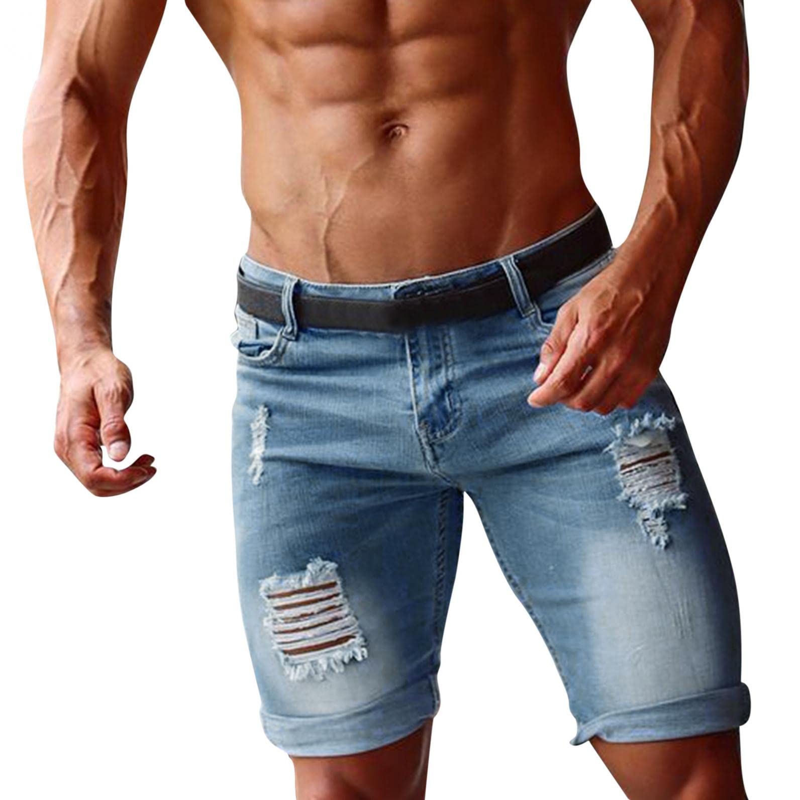 Men's Stretch Ripped Distressed Denim Shorts - Casual Washed Jogger Shorts with Pockets | Straight Fit Comfort for Summer, Beach, and Everyday Wear