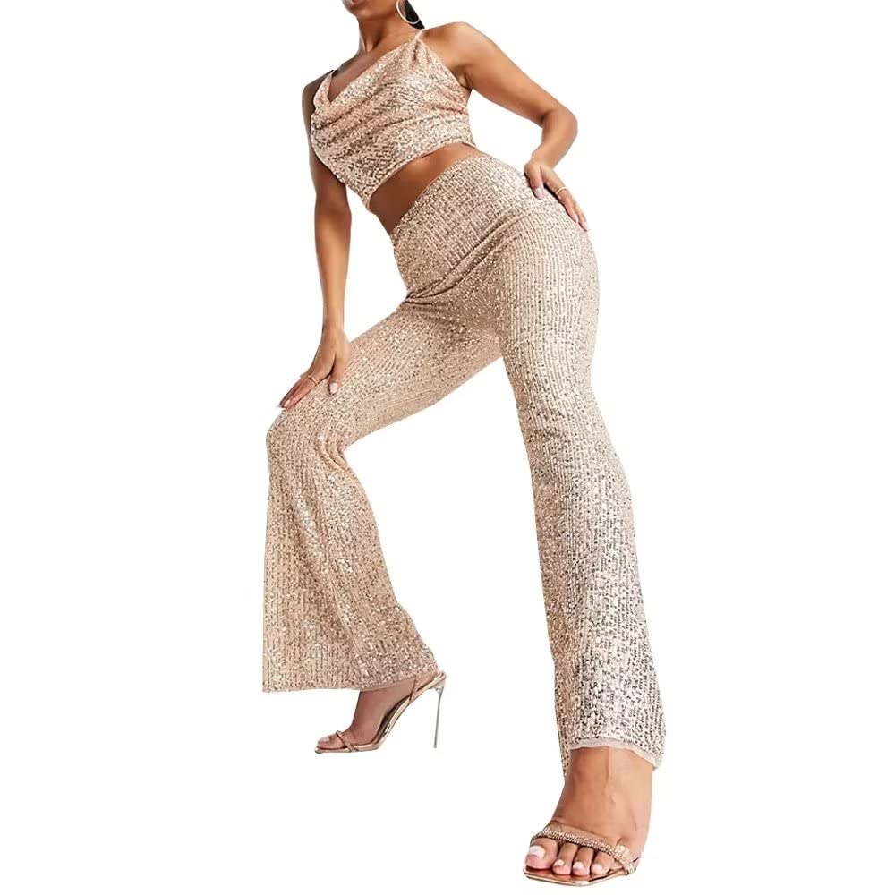 Women's Sequin Flare Pants - High Waist Glitter Wide Leg Bell Bottom Yoga Pants for Casual Wear, Party & Night Out